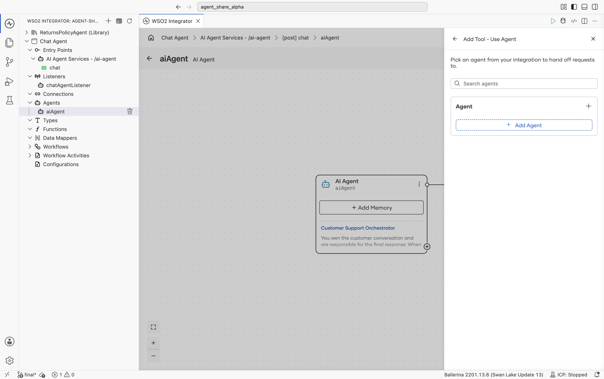 The Add Tool - Use Agent panel, headed "Pick an agent from your integration to hand off requests to", with a search box and an Agent section containing an Add Agent button.