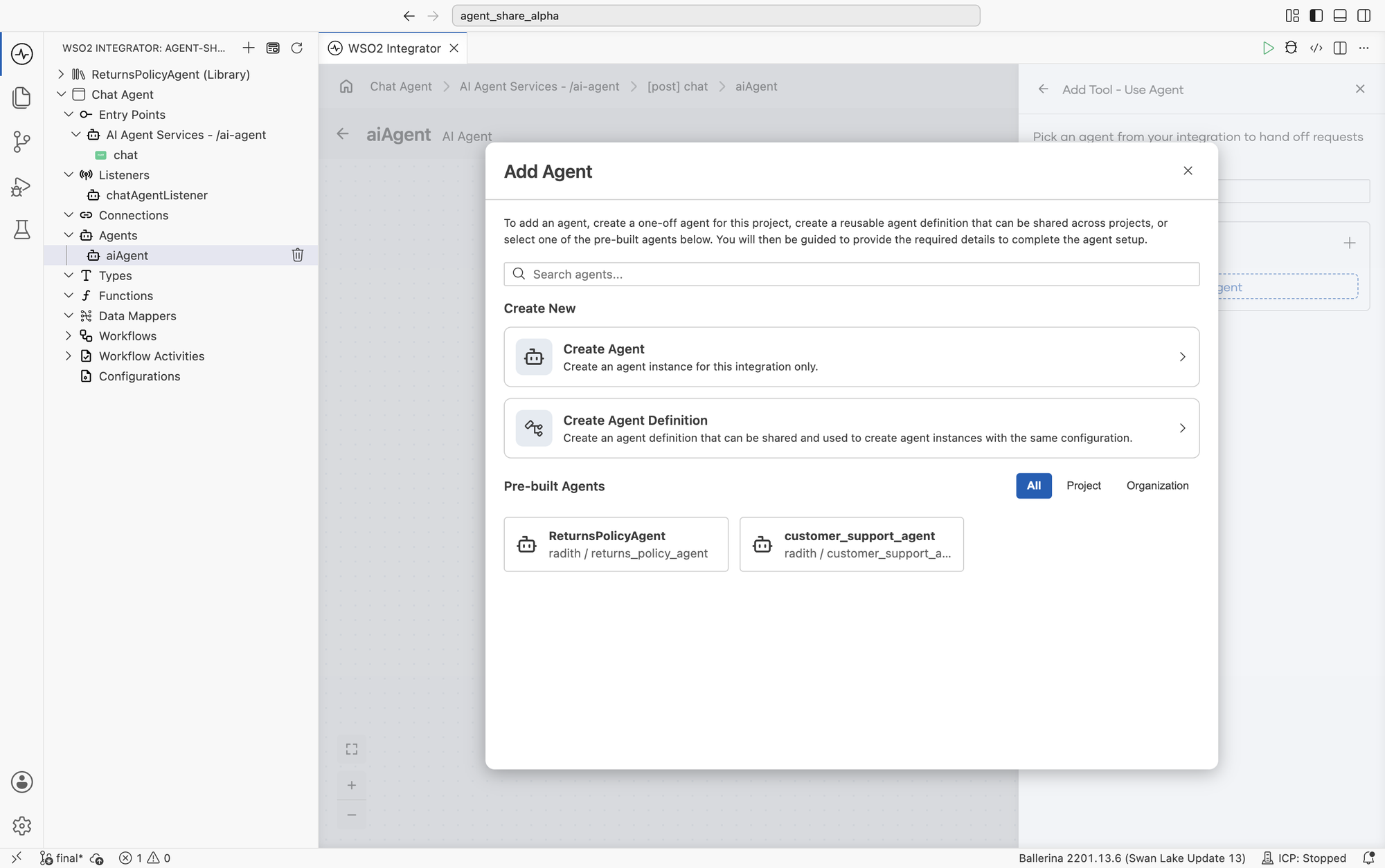 The Add Agent dialog showing Create Agent, Create Agent Definition, and a Pre-built Agents section containing ReturnsPolicyAgent and customer_support_agent.