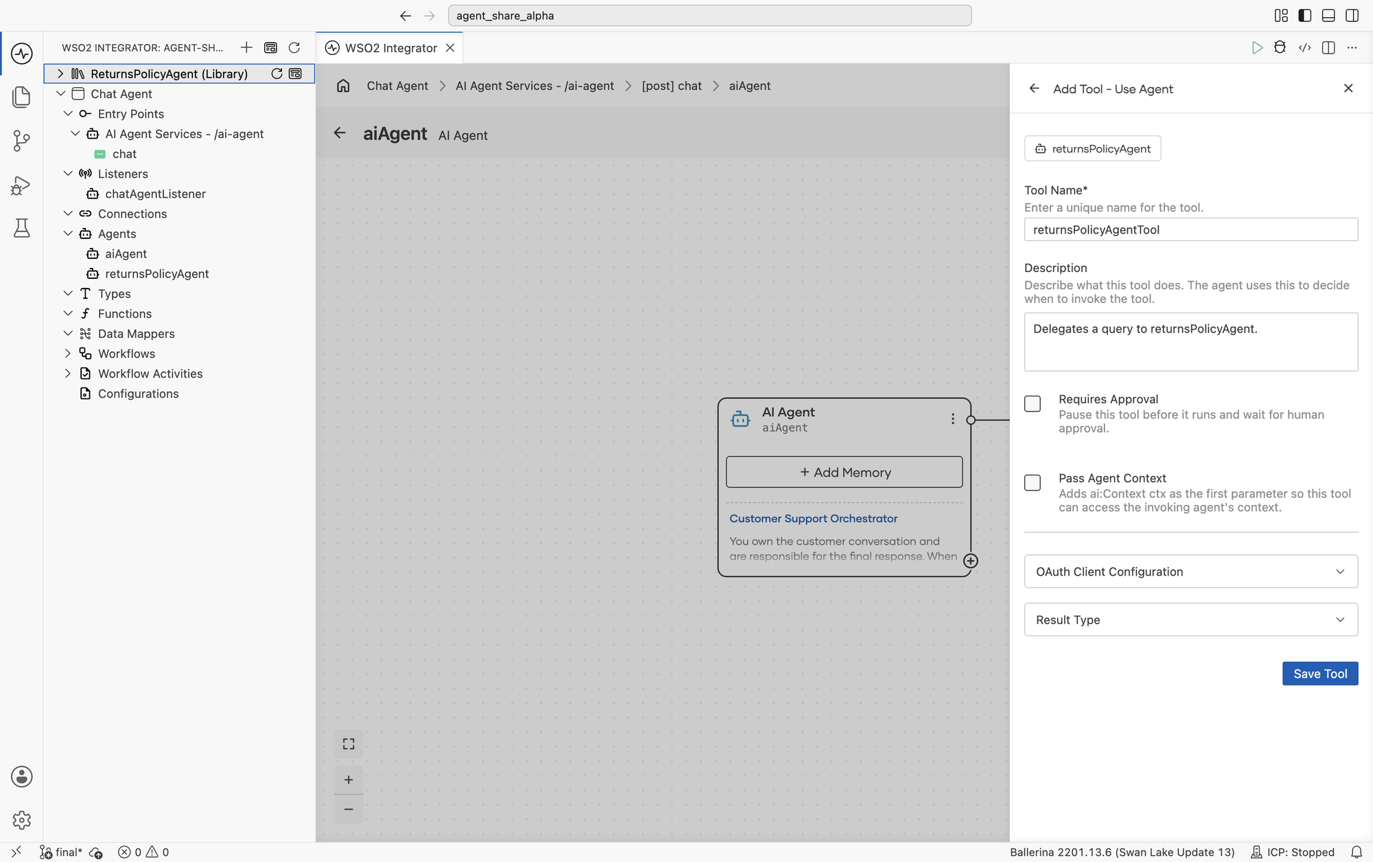 The Use Agent configuration form for returnsPolicyAgent, with Tool Name, Description, the Requires Approval and Pass Agent Context checkboxes, and collapsed OAuth Client Configuration and Result Type sections.