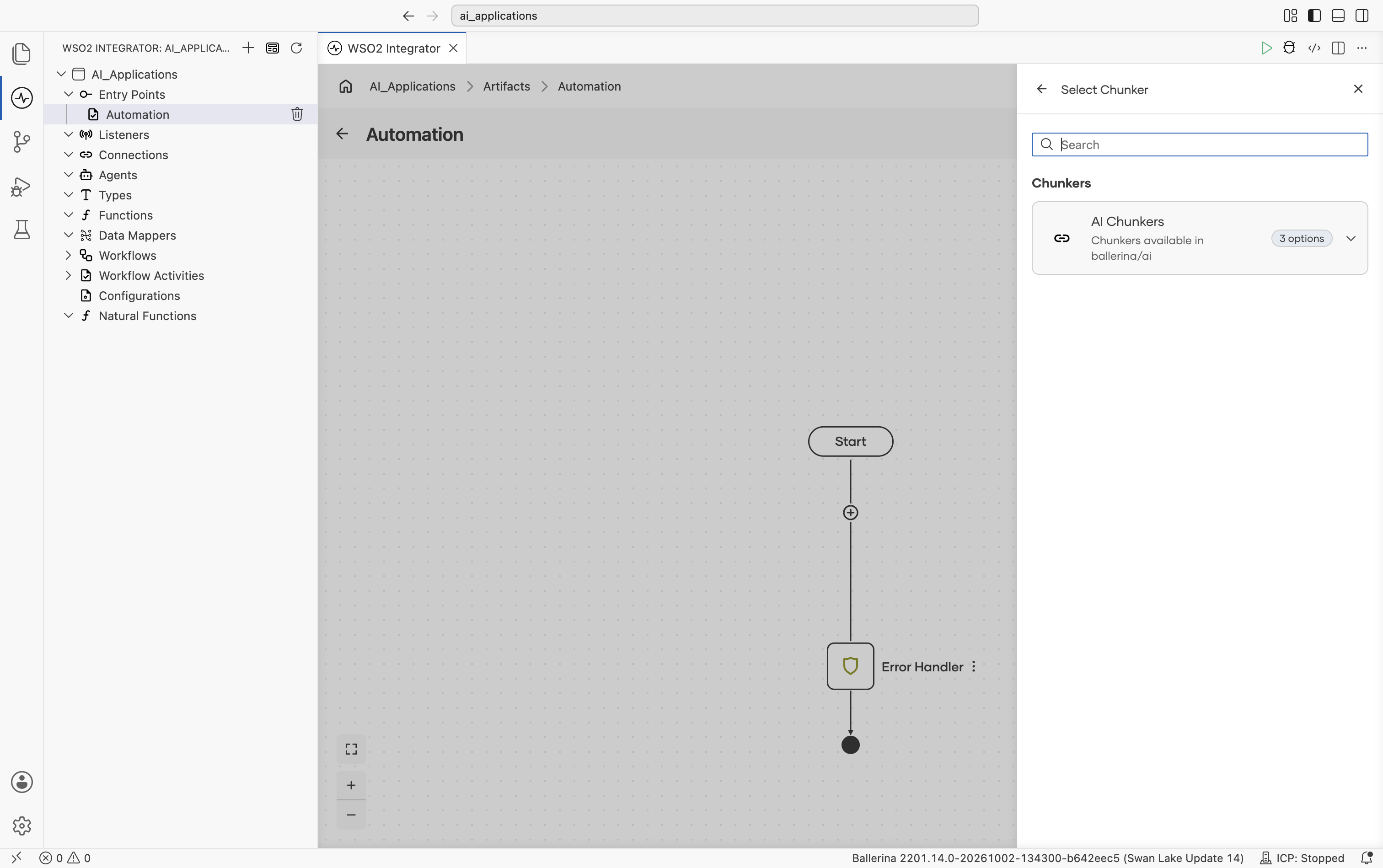 Select Chunker picker showing a single AI Chunkers entry, described as Chunkers available in ballerina/ai and badged 3 options.