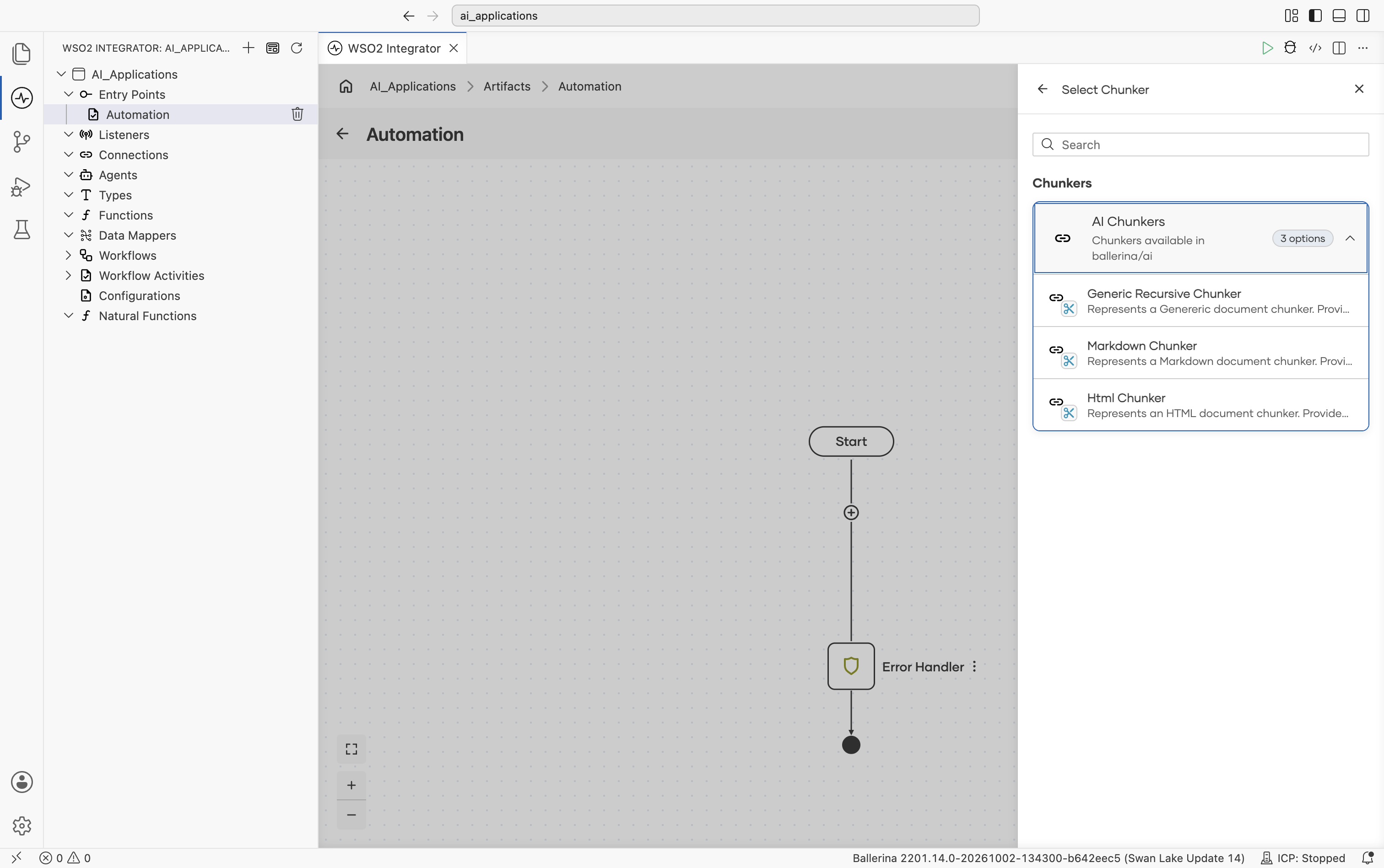 Select Chunker picker with AI Chunkers expanded, listing Generic Recursive Chunker, Markdown Chunker, and Html Chunker, each with a short description.