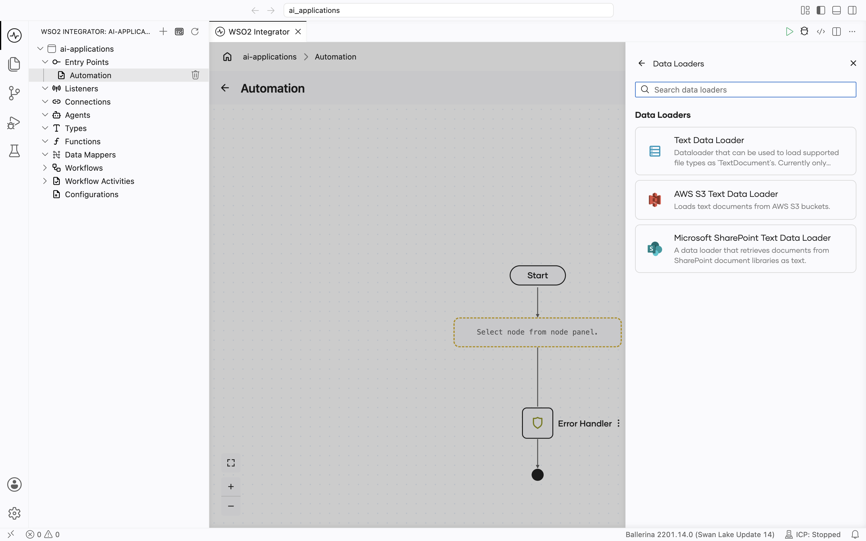 Data Loaders picker with a search box, listing Text Data Loader, AWS S3 Text Data Loader (loads text documents from AWS S3 buckets), and Microsoft SharePoint Text Data Loader.