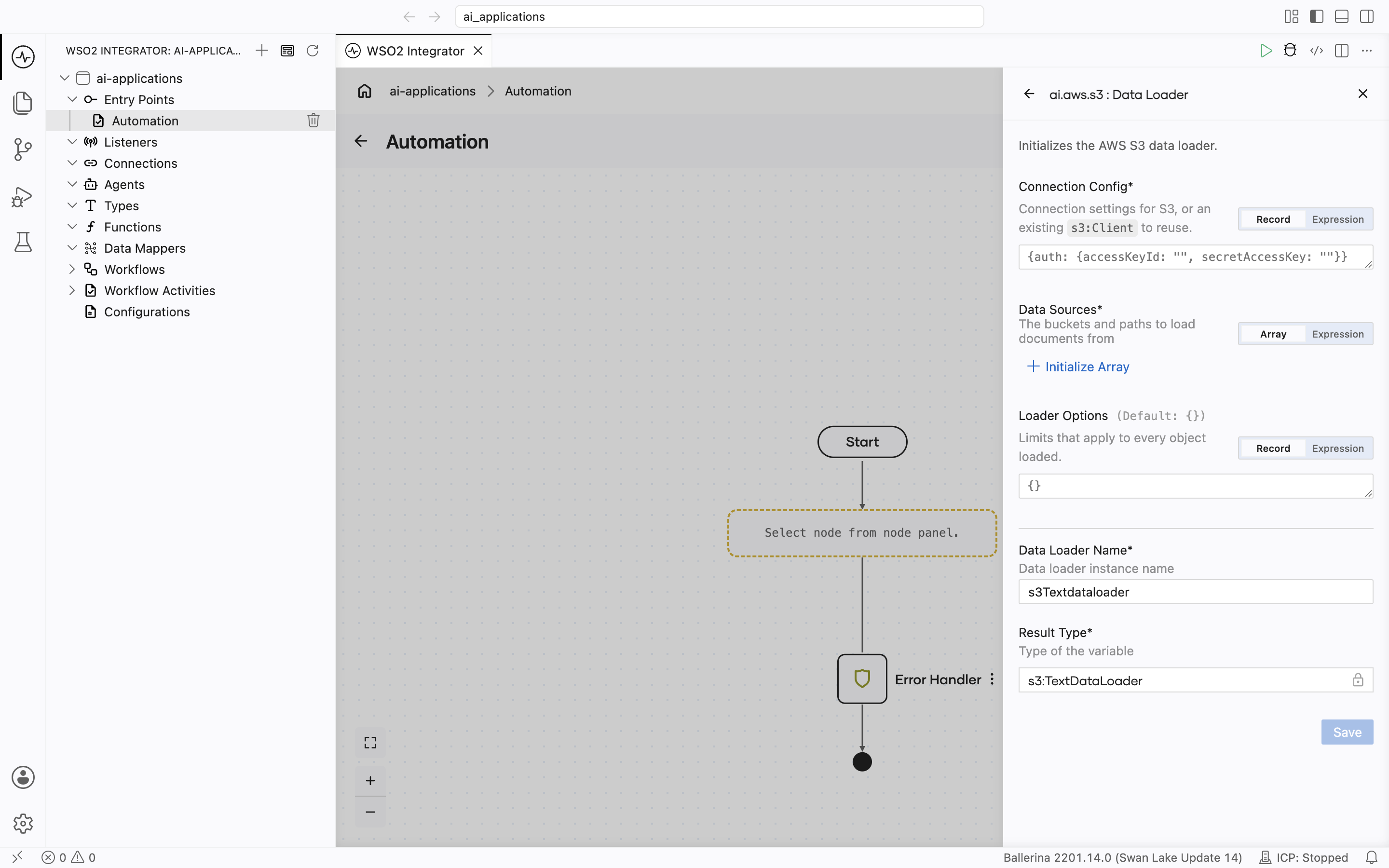 ai.aws.s3 Data Loader create form titled 'Initializes the AWS S3 data loader' showing Connection Config (a Record, prefilled with an auth record holding empty accessKeyId and secretAccessKey), Data Sources (an Array, with an Initialize Array link), Loader Options (a Record, default {}), Data Loader Name (default s3Textdataloader), and Result Type (s3:TextDataLoader).