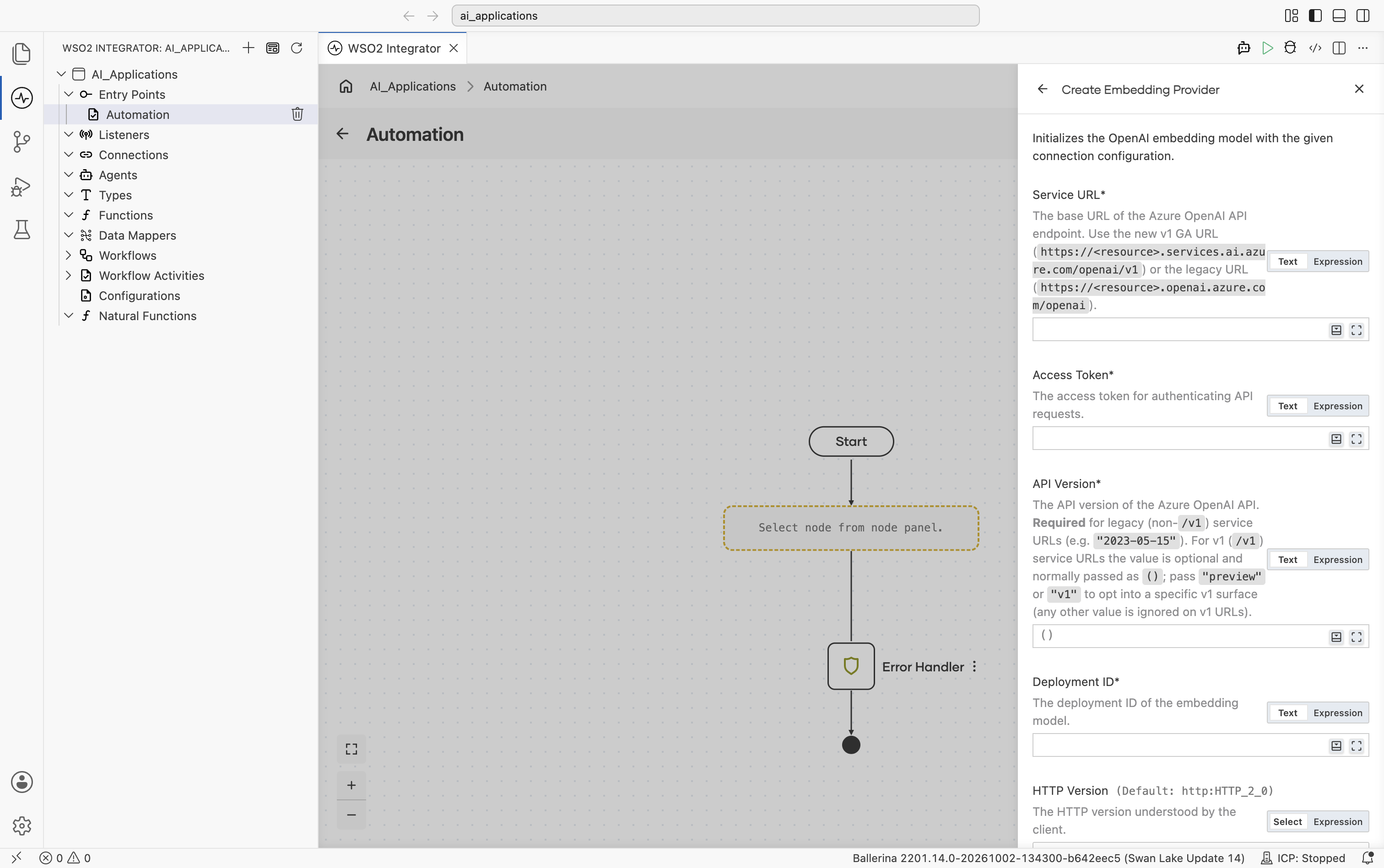 Create Embedding Provider form for Azure OpenAI showing Service URL (with hint to use the v1 GA URL or the legacy URL), Access Token, API Version (default empty, required for legacy service URLs), Deployment ID, and the start of HTTP Version (default HTTP_2_0).