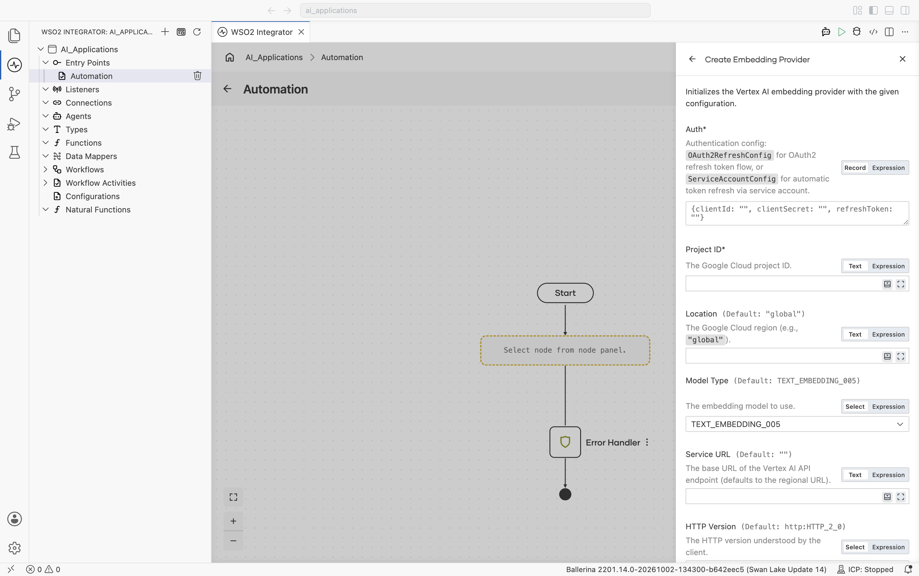 Create Embedding Provider form for Google Vertex showing Auth (record/expression toggle, with hint 'OAuth2RefreshConfig for OAuth2 refresh token flow, or ServiceAccountConfig for automatic token refresh via service account'), Project ID, Location (default 'global'), Model Type (default TEXT_EMBEDDING_005), Service URL (default empty, auto-derived), and the start of HTTP Version (default HTTP_2_0).