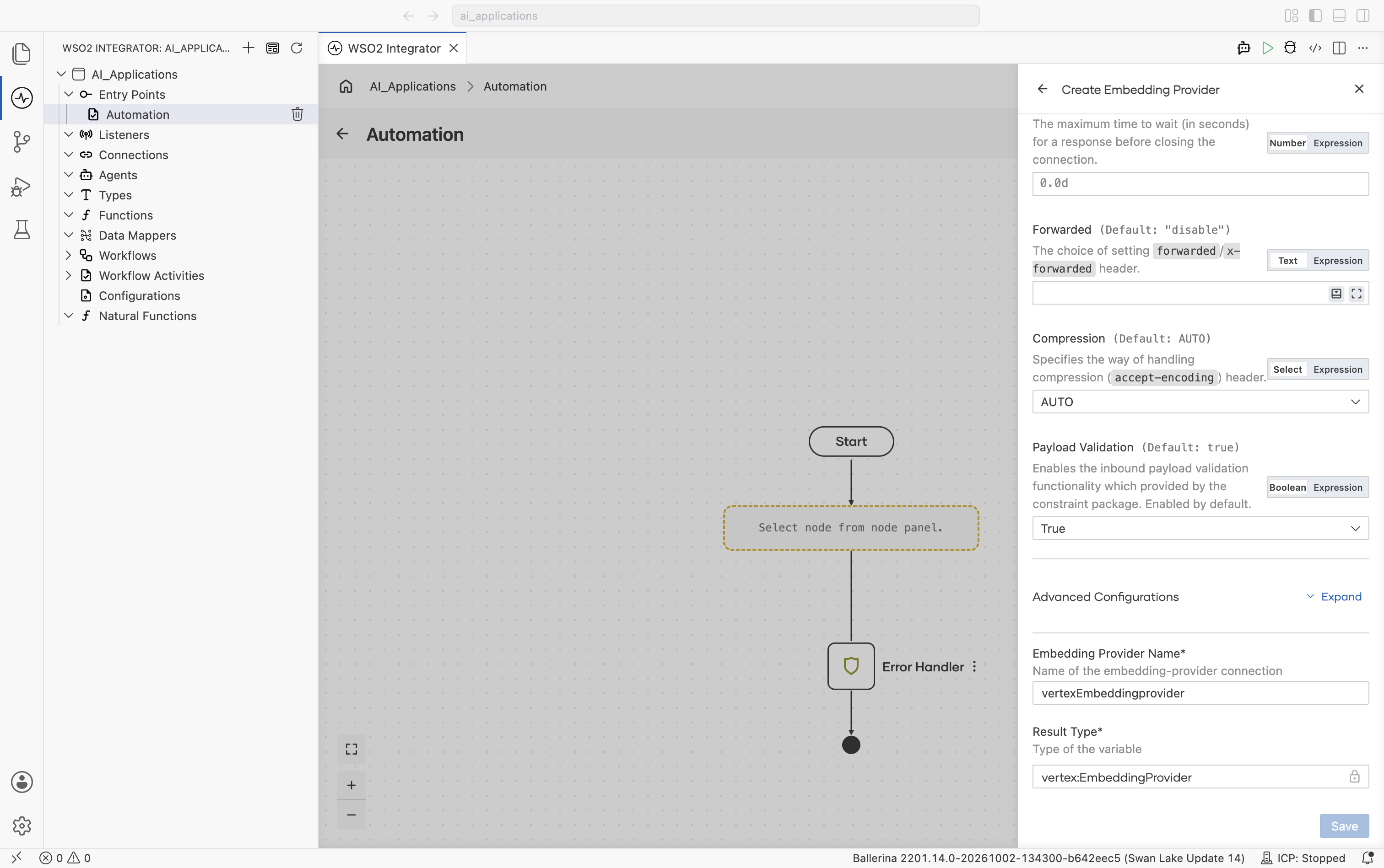 Bottom of the Google Vertex Create Embedding Provider form showing the end of Timeout, then Forwarded, Compression, Payload Validation, the collapsed Advanced Configurations toggle, Embedding Provider Name set to vertexEmbeddingprovider, Result Type locked to vertex:EmbeddingProvider, and the Save button.