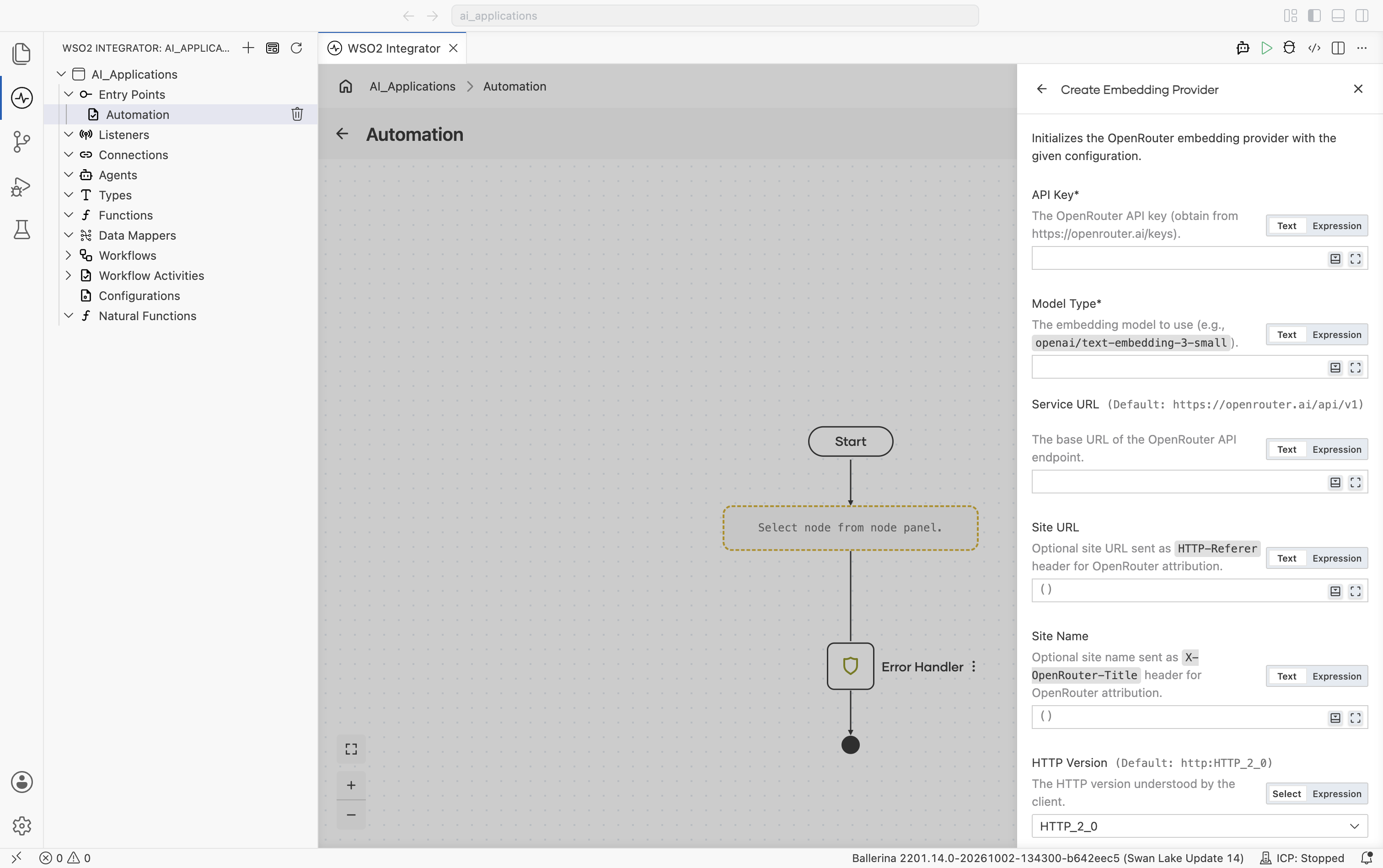 Create Embedding Provider form for OpenRouter showing API Key (with link to https://openrouter.ai/keys), Model Type (with example value openai/text-embedding-3-small), Service URL (default https://openrouter.ai/api/v1), Site URL (default empty), Site Name (default empty), and the start of HTTP Version (default HTTP_2_0).