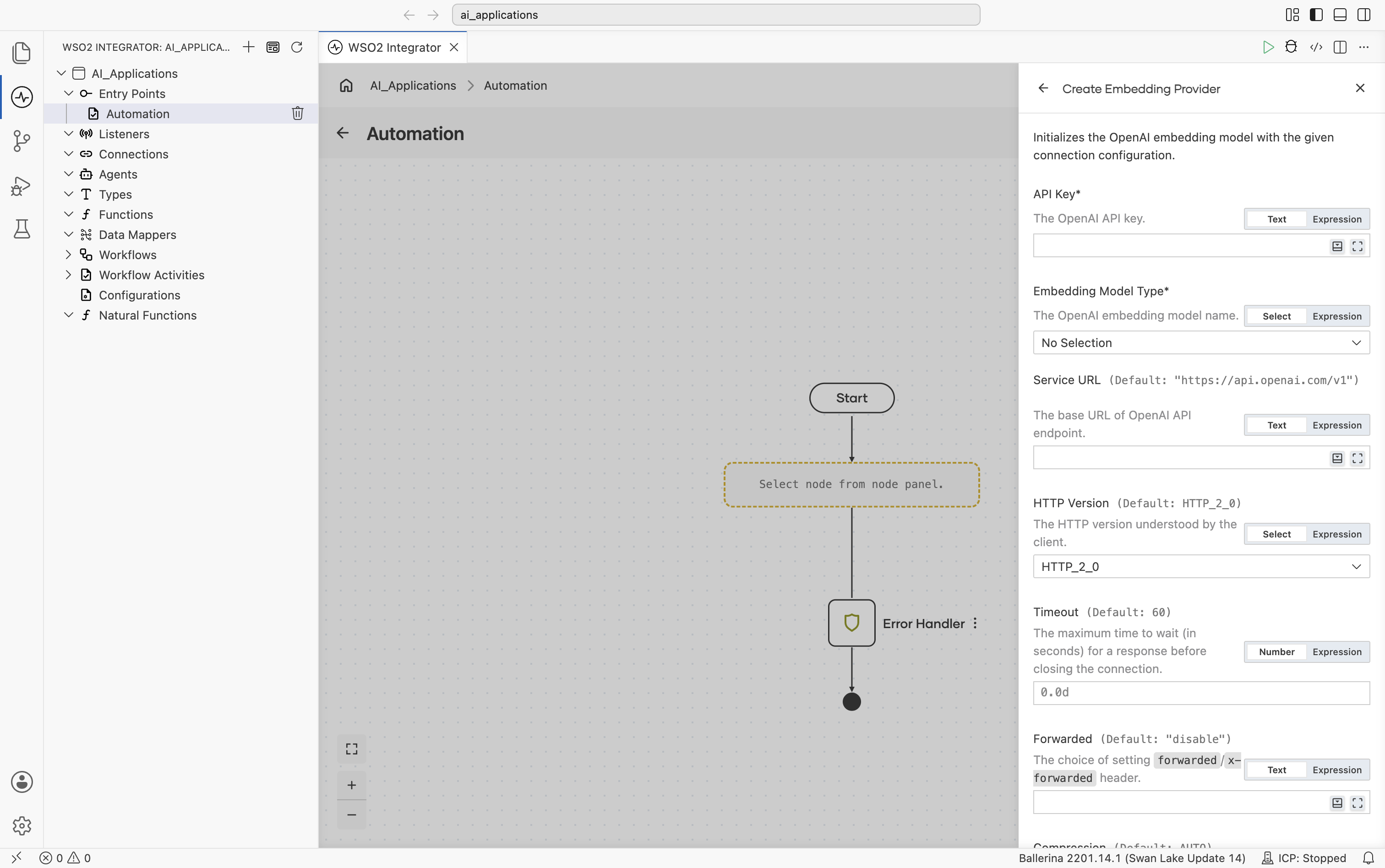 Create Embedding Provider form for OpenAI. Header reads 'Initializes the OpenAI embedding model with the given connection configuration.' Fields shown: API Key, Embedding Model Type (No Selection), Service URL (default https://api.openai.com/v1), HTTP Version (default HTTP_2_0), Timeout (default 60), and the start of Forwarded (default disable).