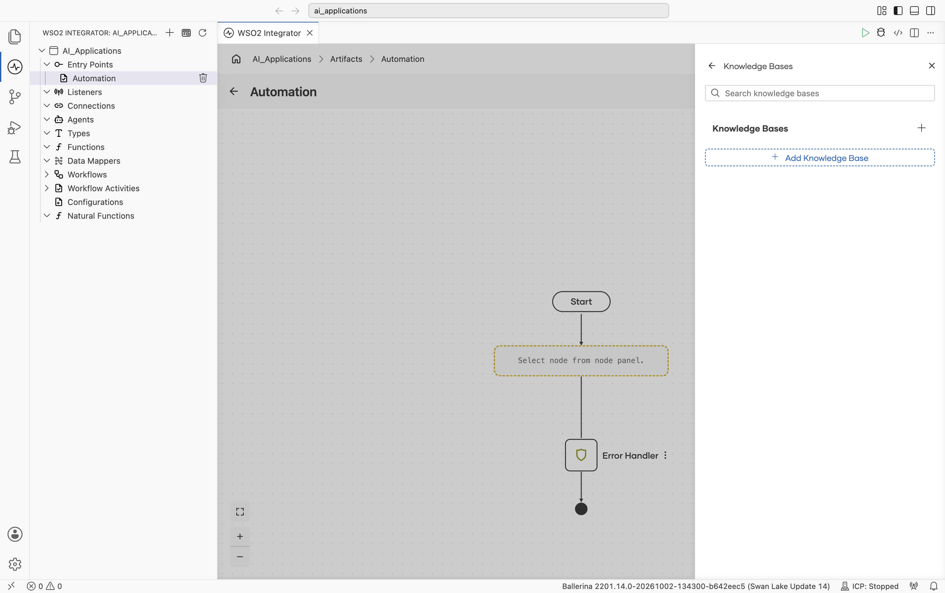 Right-side Knowledge Bases panel showing the search bar and a + Add Knowledge Base button at the top of an empty list.