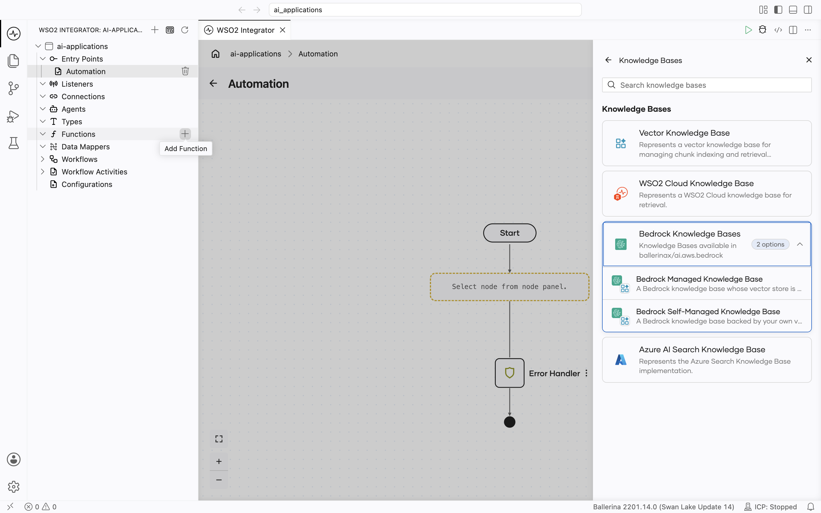 Select Knowledge Base picker with a search bar and four cards: Vector Knowledge Base, WSO2 Cloud Knowledge Base, the Bedrock Knowledge Bases group (2 options, available in ballerinax/ai.aws.bedrock) expanded to show Bedrock Managed Knowledge Base and Bedrock Self-Managed Knowledge Base, and Azure AI Search Knowledge Base.
