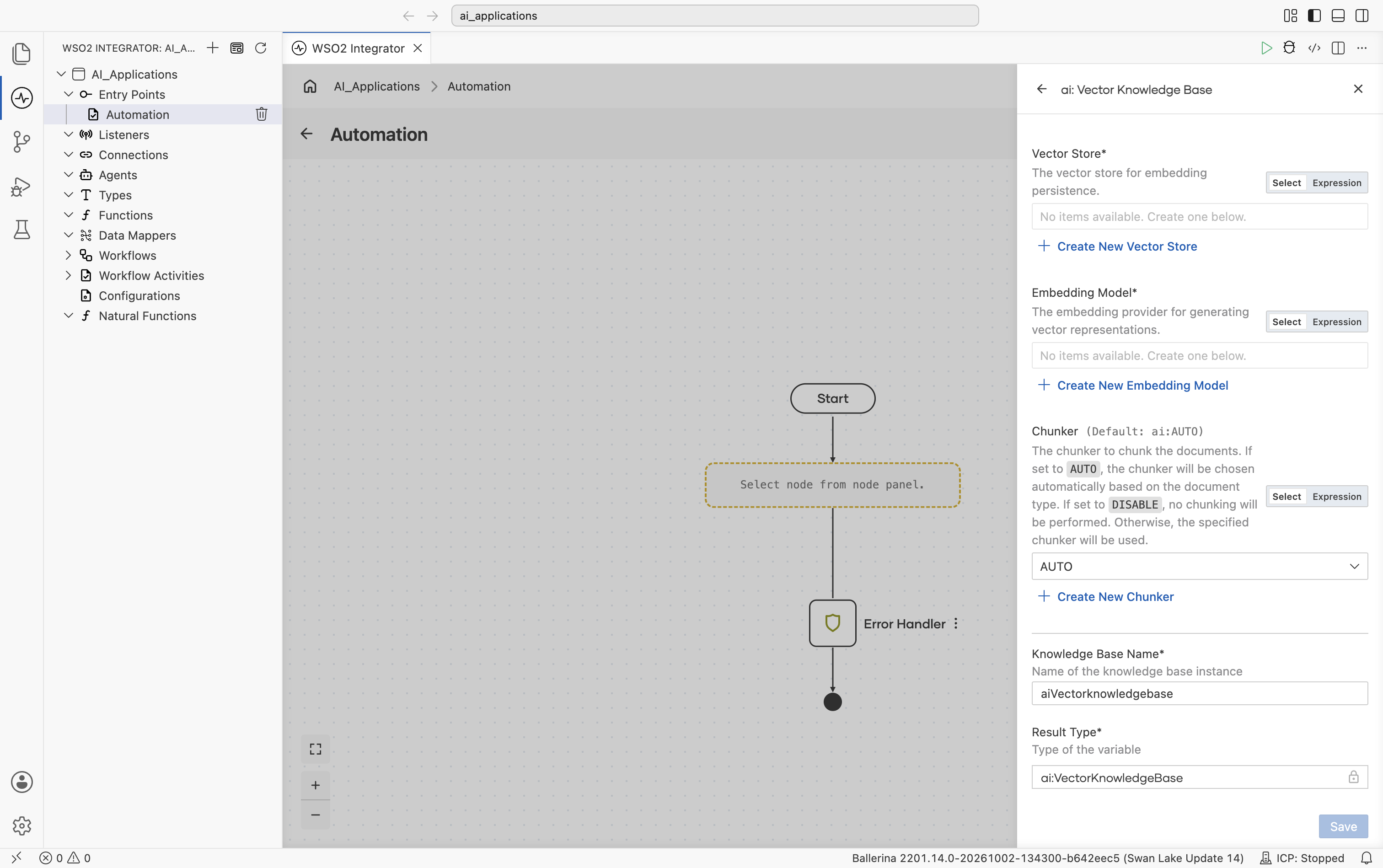 Create Vector Knowledge Base form showing three required pluggable fields: Vector Store (with + Create New Vector Store link), Embedding Model (with + Create New Embedding Model link), Chunker (default ai:AUTO, with + Create New Chunker link). Below: Knowledge Base Name aiVectorknowledgebase, Result Type ai:VectorKnowledgeBase.
