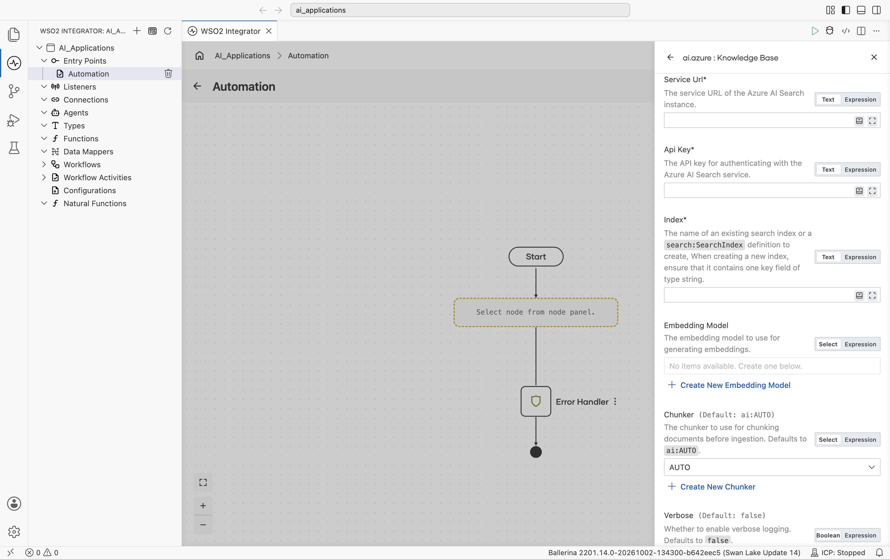 Create Azure AI Search Knowledge Base form showing Service Url, Api Key, Index, Embedding Model (optional, with Create New Embedding Model link), Chunker (default AUTO, with Create New Chunker link), and the start of Verbose (default false).