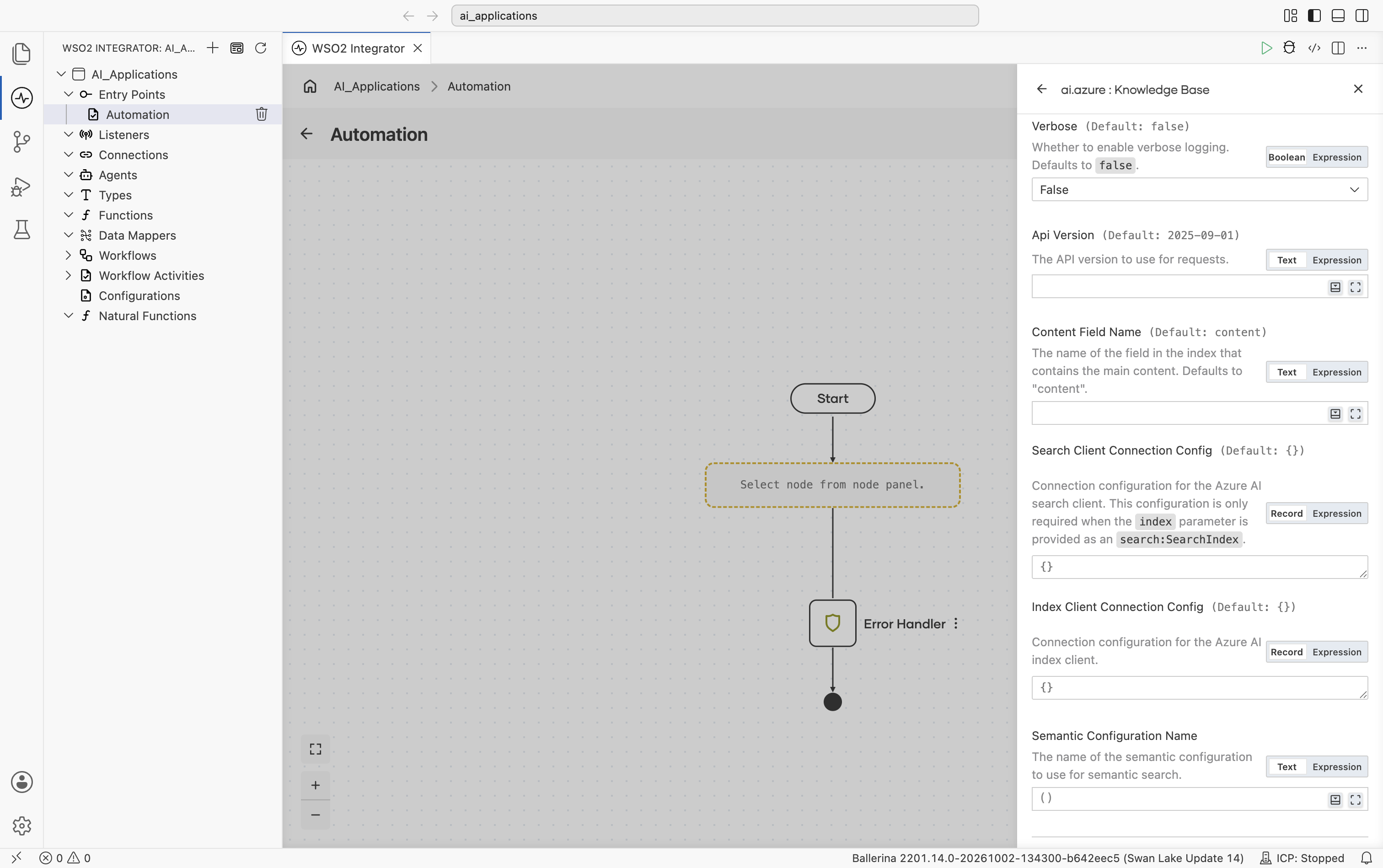 Create Azure AI Search Knowledge Base form showing Verbose (default false), Api Version (default 2025-09-01), Content Field Name (default content), Search Client Connection Config (default {}), Index Client Connection Config (default {}), and the start of Semantic Configuration Name.