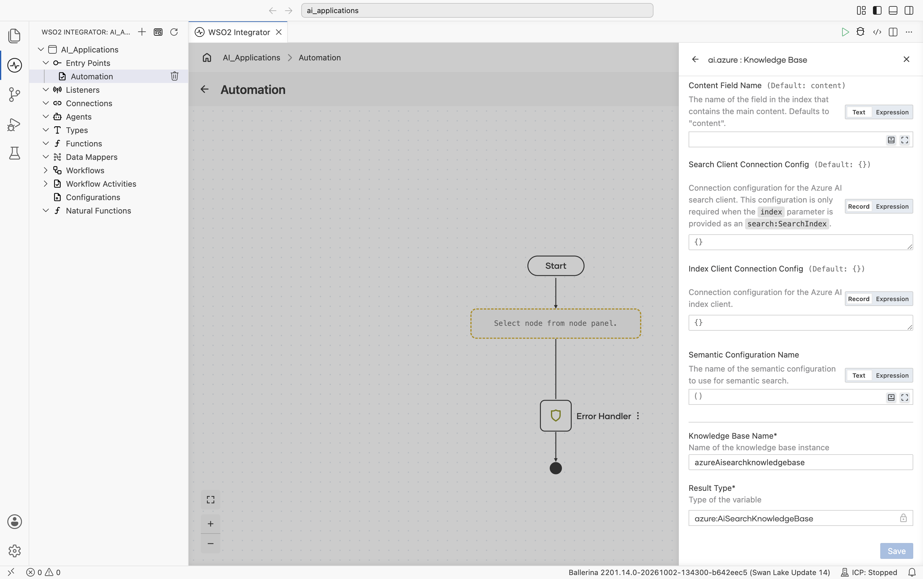 Bottom of the Create Azure AI Search Knowledge Base form showing Content Field Name, Search Client Connection Config, Index Client Connection Config, Semantic Configuration Name, Knowledge Base Name set to azureAisearchknowledgebase, and Result Type locked to azure:AiSearchKnowledgeBase.