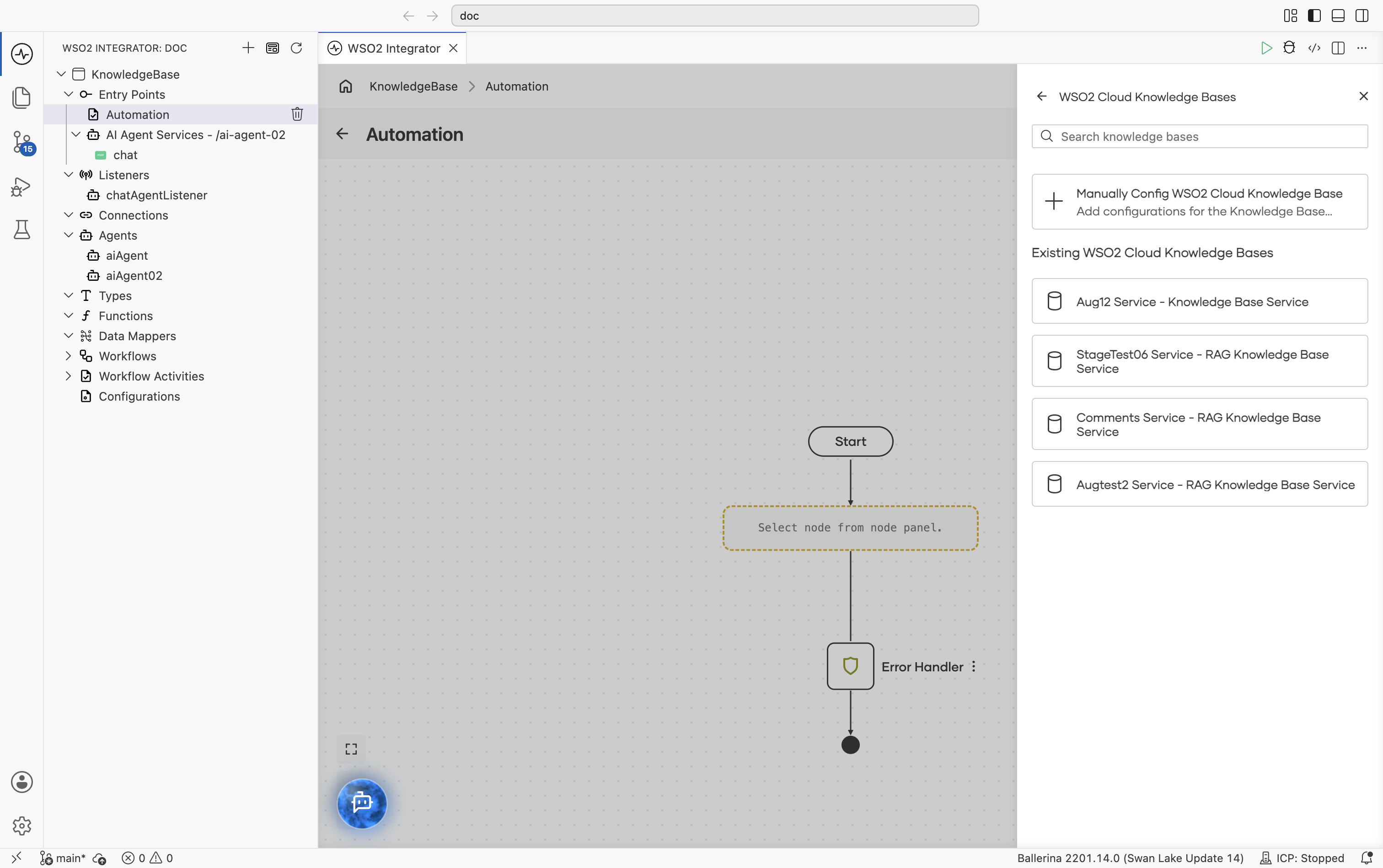 WSO2 Cloud Knowledge Bases picker with a search bar and a Manually Config WSO2 Cloud Knowledge Base card ('Add configurations for the Knowledge Base...'). No existing knowledge bases are listed in this organization.