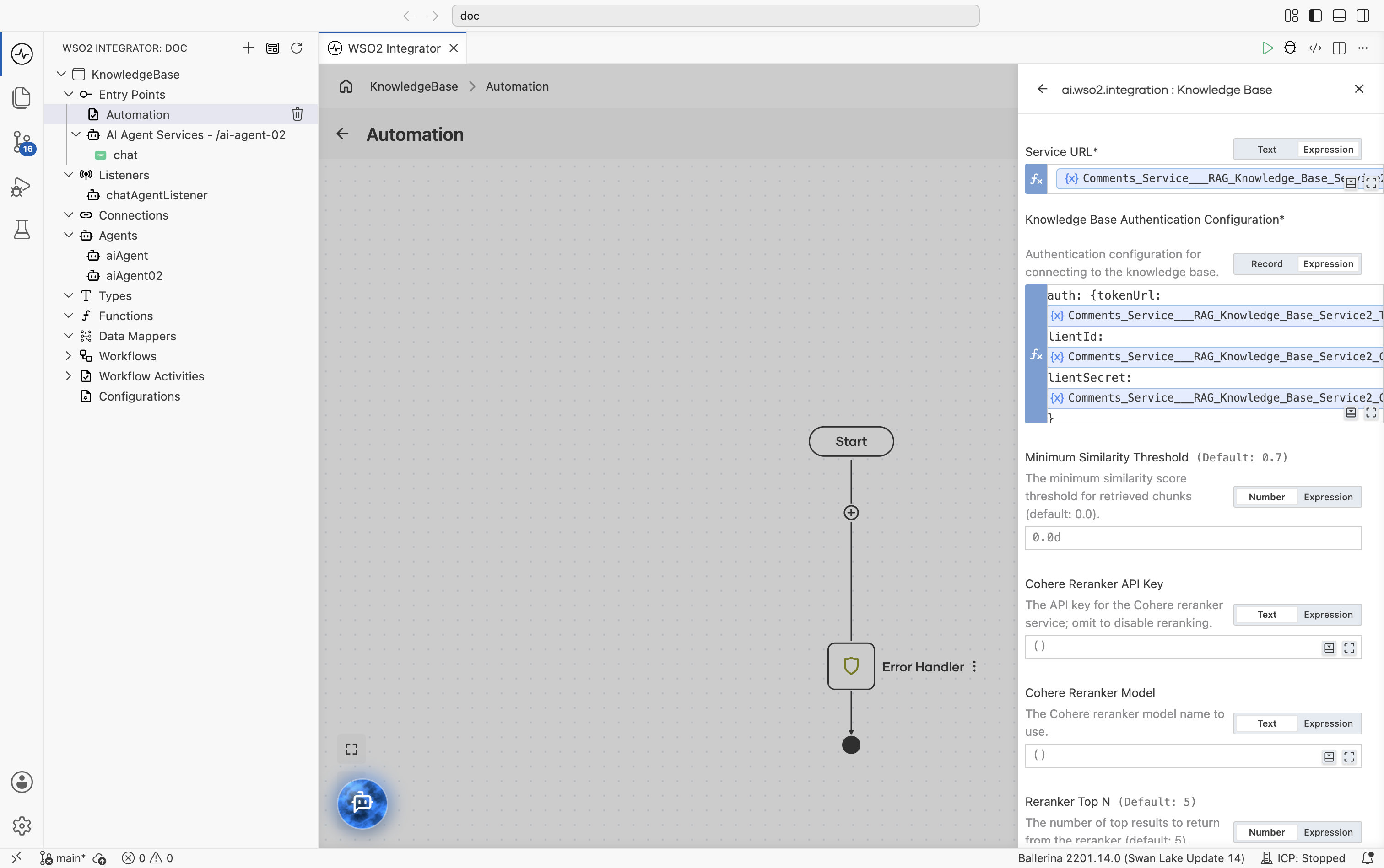 Create WSO2 Cloud Knowledge Base form with the Service URL and Knowledge Base Authentication Configuration fields already filled in from the selected knowledge base.