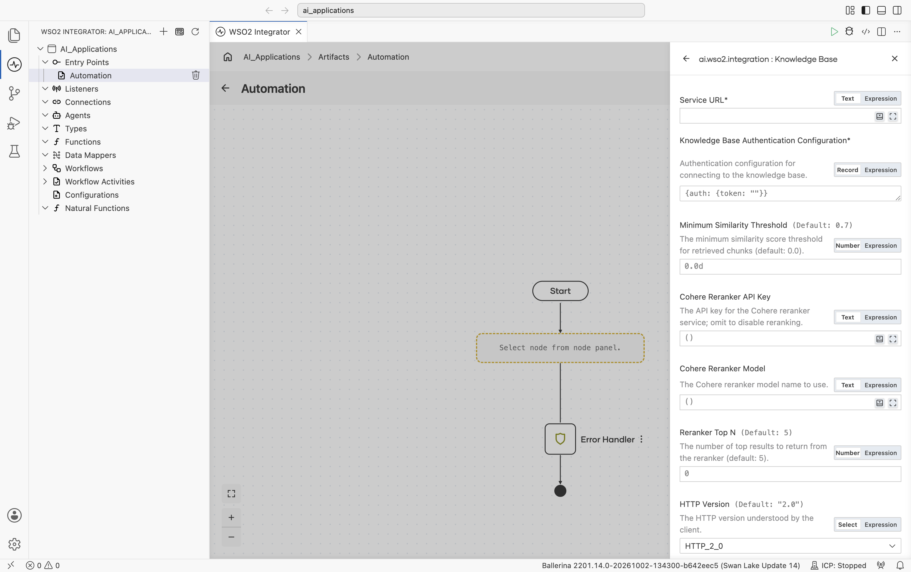 Create WSO2 Cloud Knowledge Base form showing Service URL, Knowledge Base Authentication Configuration (default {auth: {token: ''}}), Minimum Similarity Threshold (default 0.7), Cohere Reranker API Key, Cohere Reranker Model, Reranker Top N (default 5), and the start of HTTP Version (default 2.0).