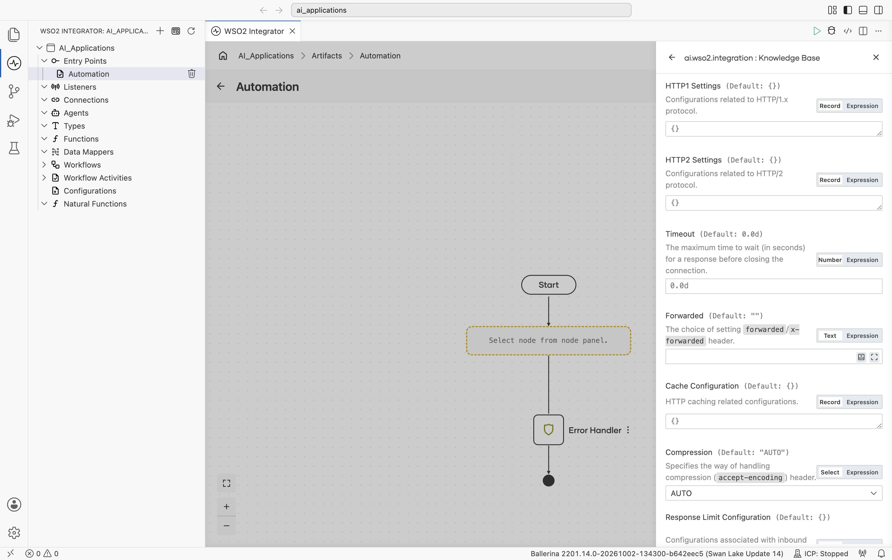 Middle of the Create WSO2 Cloud Knowledge Base form showing HTTP1 Settings (default {}), HTTP2 Settings (default {}), Timeout (default 0.0d), Forwarded (default empty), Cache Configuration (default {}), and the start of Compression (default AUTO).