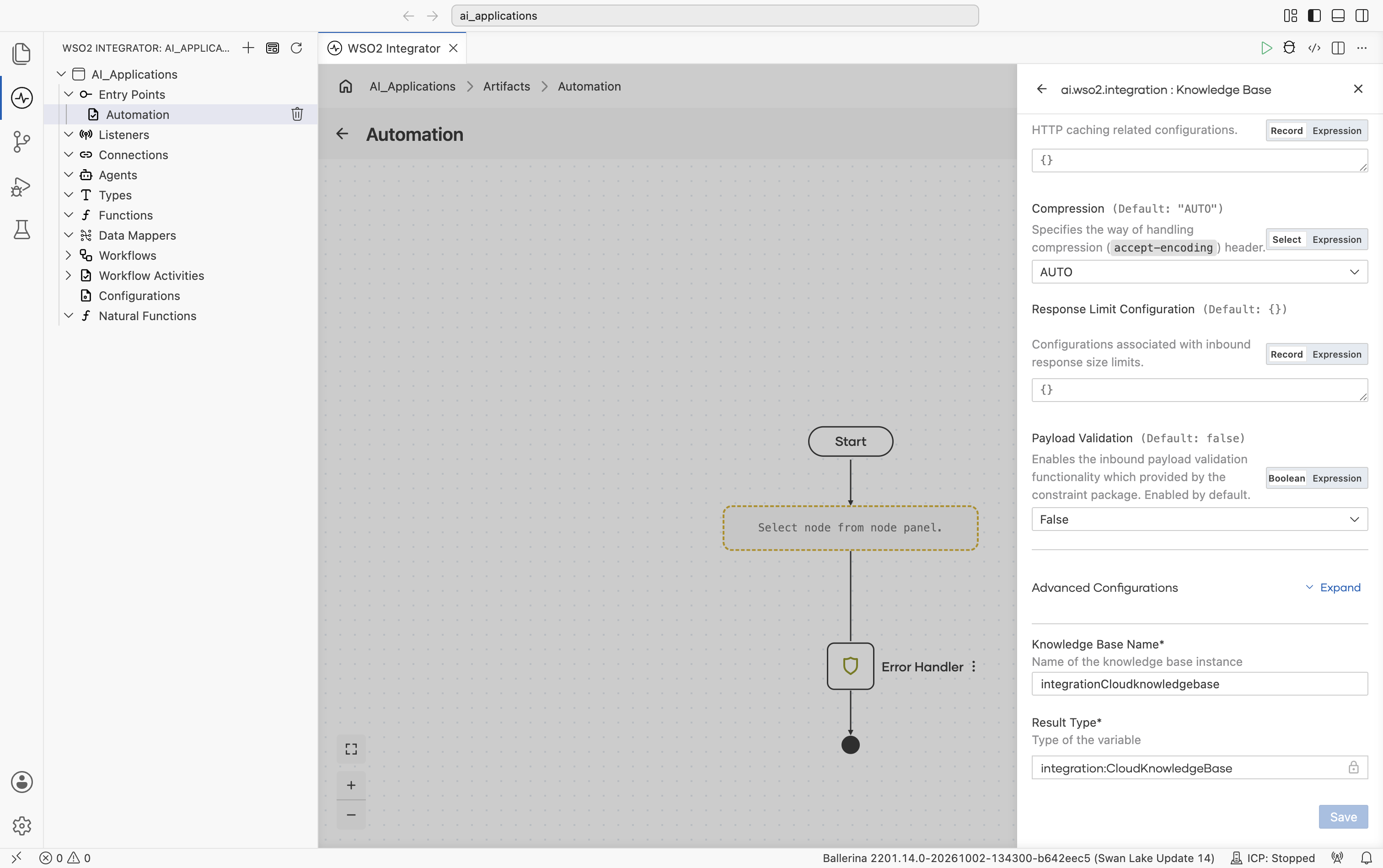 Bottom of the Create WSO2 Cloud Knowledge Base form showing Response Limit Configuration (default {}), Payload Validation (default false), the collapsed Advanced Configurations toggle, Knowledge Base Name set to integrationCloudknowledgebase, and Result Type locked to integration:CloudKnowledgeBase.