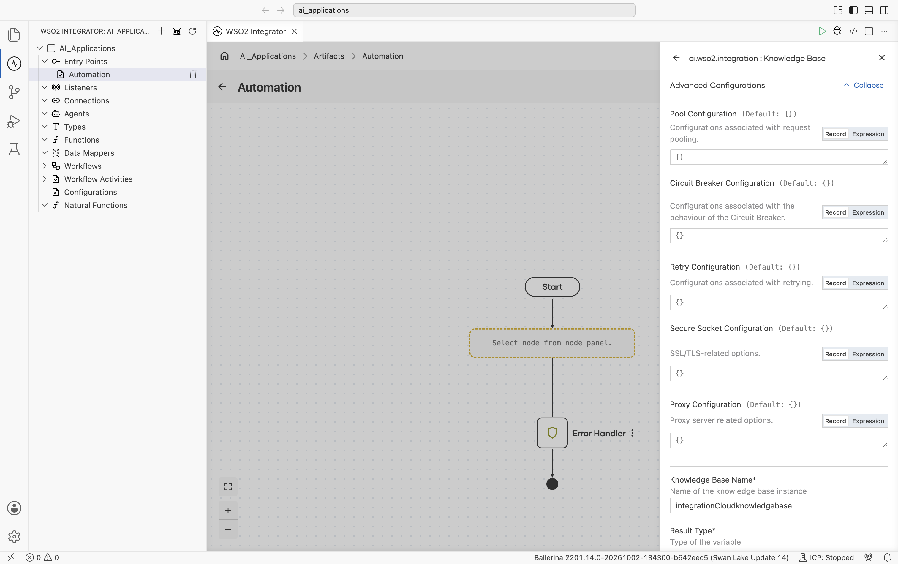 Create WSO2 Cloud Knowledge Base form with Advanced Configurations expanded showing Pool Configuration (default {}), Circuit Breaker Configuration (default {}), Retry Configuration (default {}), Secure Socket Configuration (default {}), and Proxy Configuration (default {}).