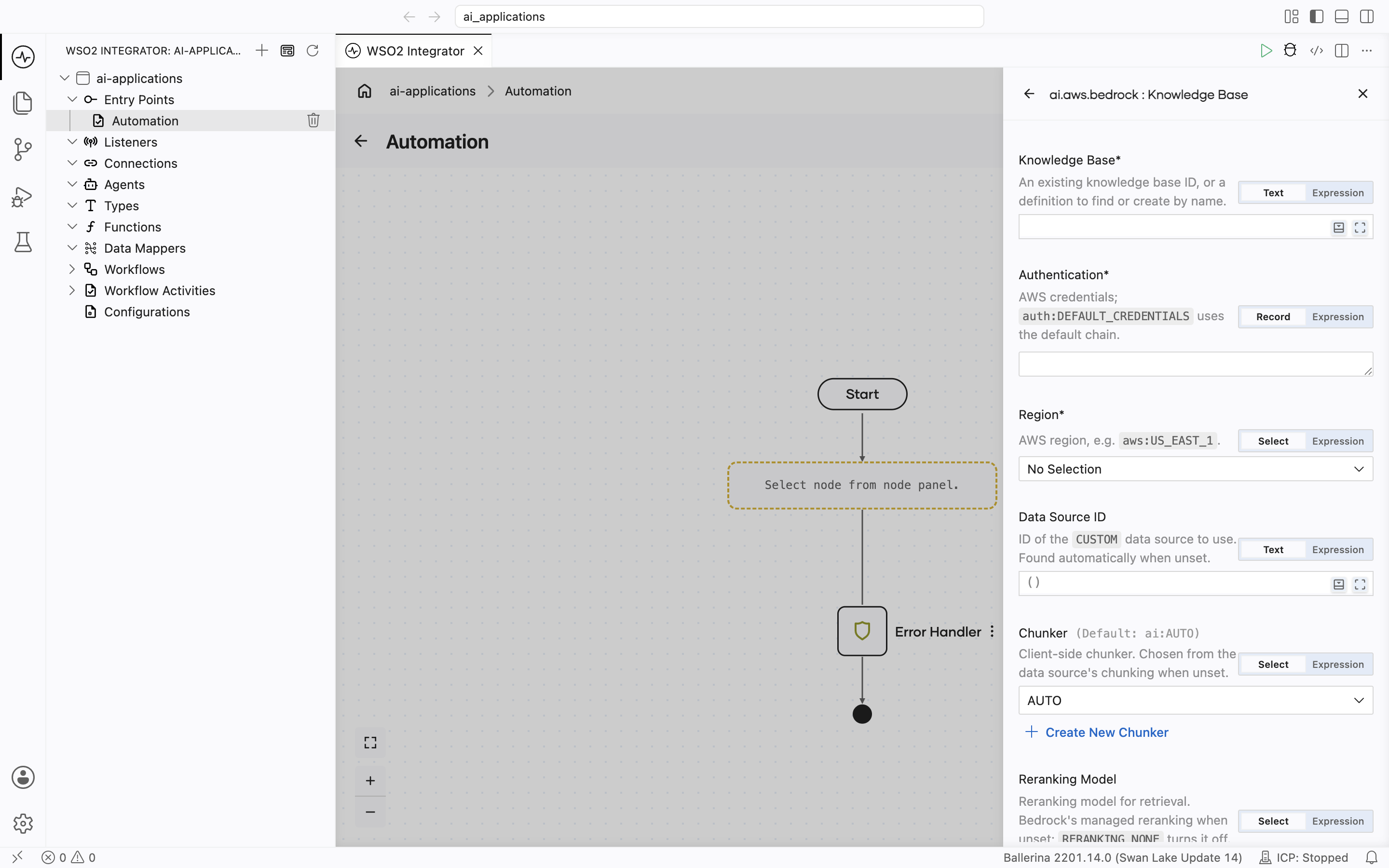 Create form for the Bedrock Managed Knowledge Base, titled 'ai.aws.bedrock : Knowledge Base', showing Knowledge Base (required, hint 'An existing knowledge base ID, or a definition to find or create by name'), Authentication and Region (required), then Data Source ID (default ()), Chunker (default ai:AUTO, with + Create New Chunker), and Reranking Model (hint: Bedrock's managed reranking when unset; RERANKING_NONE turns it off).