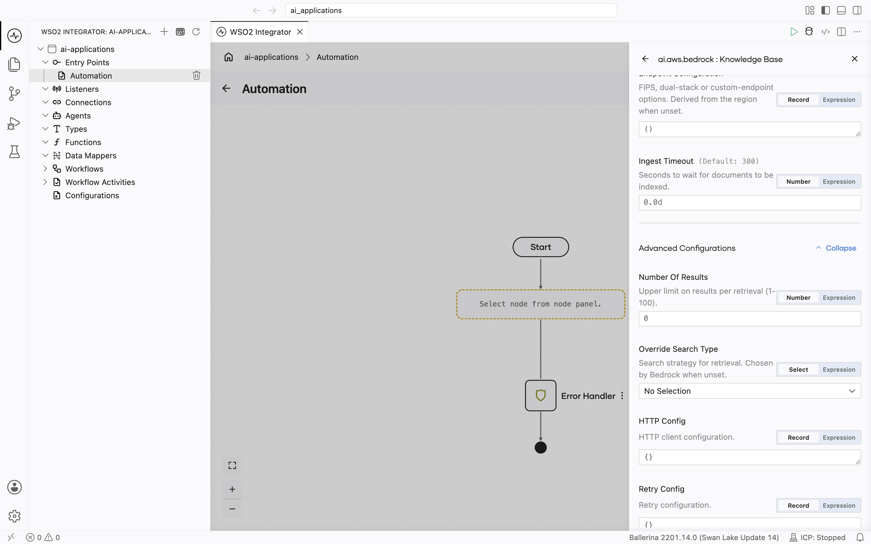 Create form for the Bedrock Self-Managed Knowledge Base scrolled to Endpoint Configuration and Ingest Timeout (default 300), then Advanced Configurations expanded showing Number Of Results (hint 'Upper limit on results per retrieval (1-100)'), Override Search Type (No Selection), HTTP Config, and Retry Config.