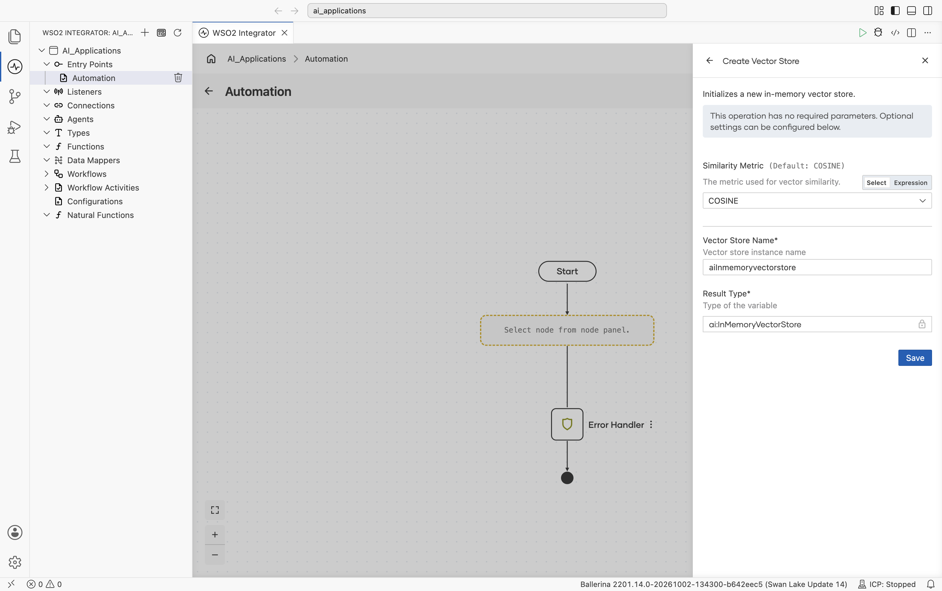 Create Vector Store form for In-Memory. Header reads 'Initializes a new in-memory vector store.' Banner: 'This operation has no required parameters. Optional settings can be configured below.' Similarity Metric field (default COSINE), Vector Store Name (default ailnmemoryvectorstore), Result Type (locked to ai:InMemoryVectorStore). Save button.