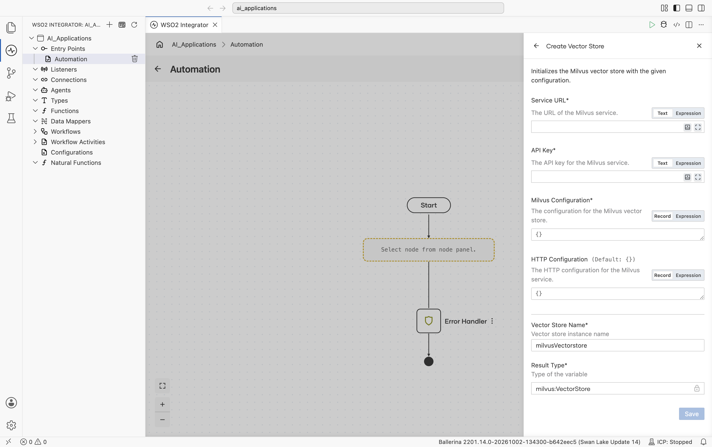 Create Vector Store form for Milvus. Header reads 'Initializes the Milvus vector store with the given configuration.' Fields: Service URL, API Key, Milvus Configuration (record/expression toggle, default {}), HTTP Configuration (default {}), Vector Store Name (default milvusVectorstore), Result Type (locked to milvus:VectorStore). Save button.