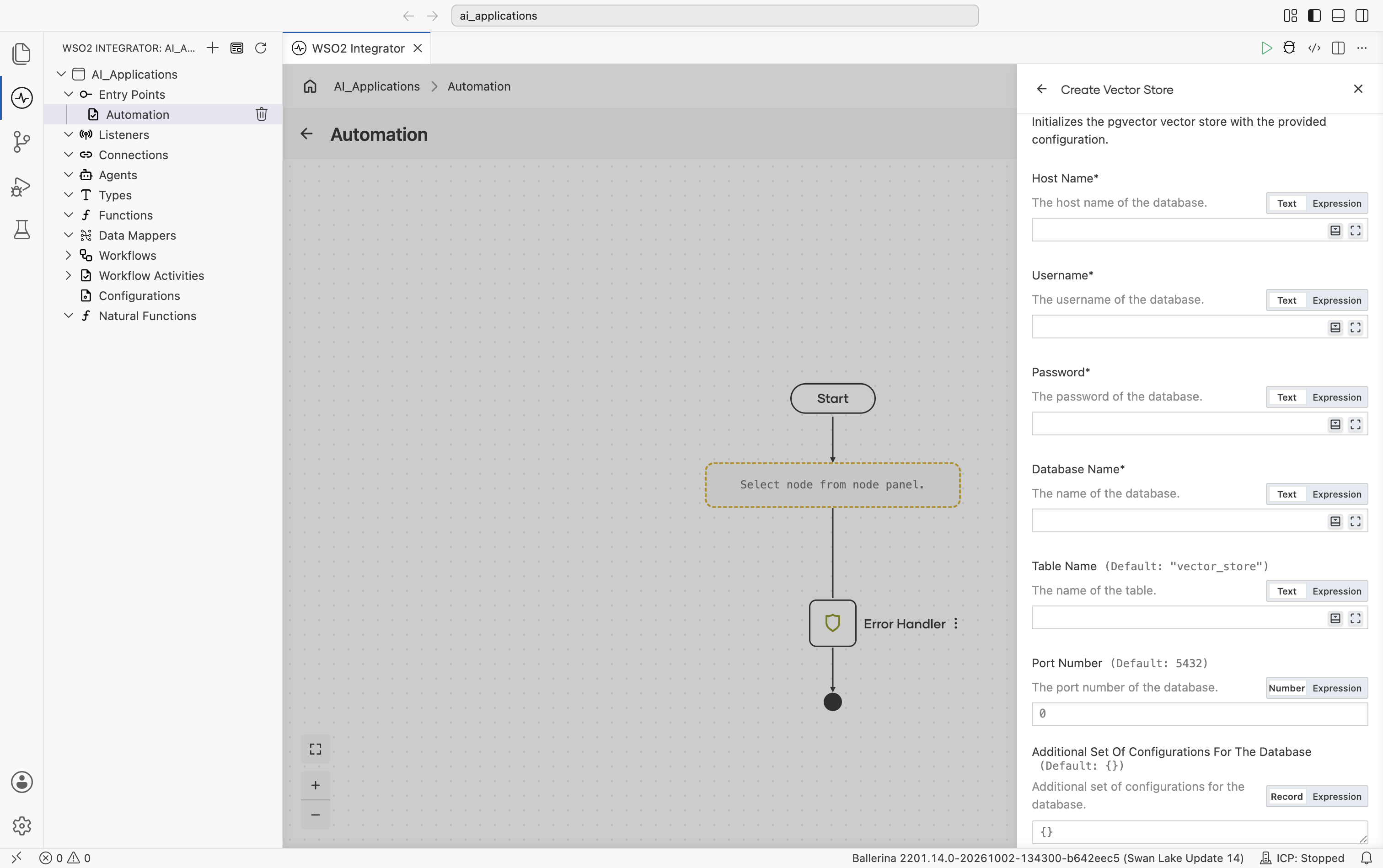 Create Vector Store form for pgvector showing Host Name, Username, Password, Database Name, Table Name (default 'vector_store'), and the start of Port Number (default 5432).