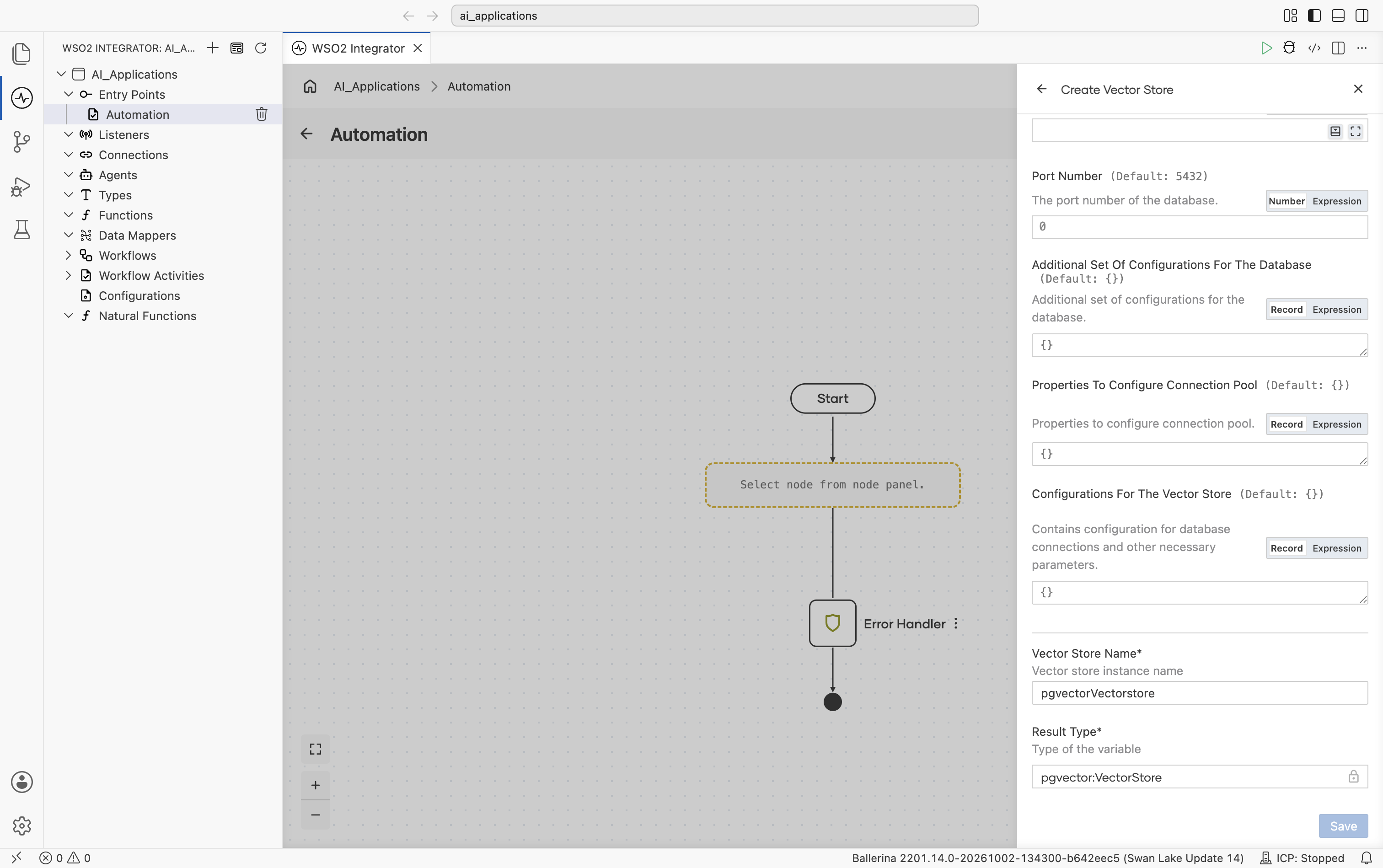 Bottom of the pgvector Create Vector Store form showing Additional Set Of Configurations For The Database (default {}), Properties To Configure Connection Pool (default {}), Configurations For The Vector Store (default {}), Vector Store Name set to pgvectorVectorstore, and Result Type locked to pgvector:VectorStore.