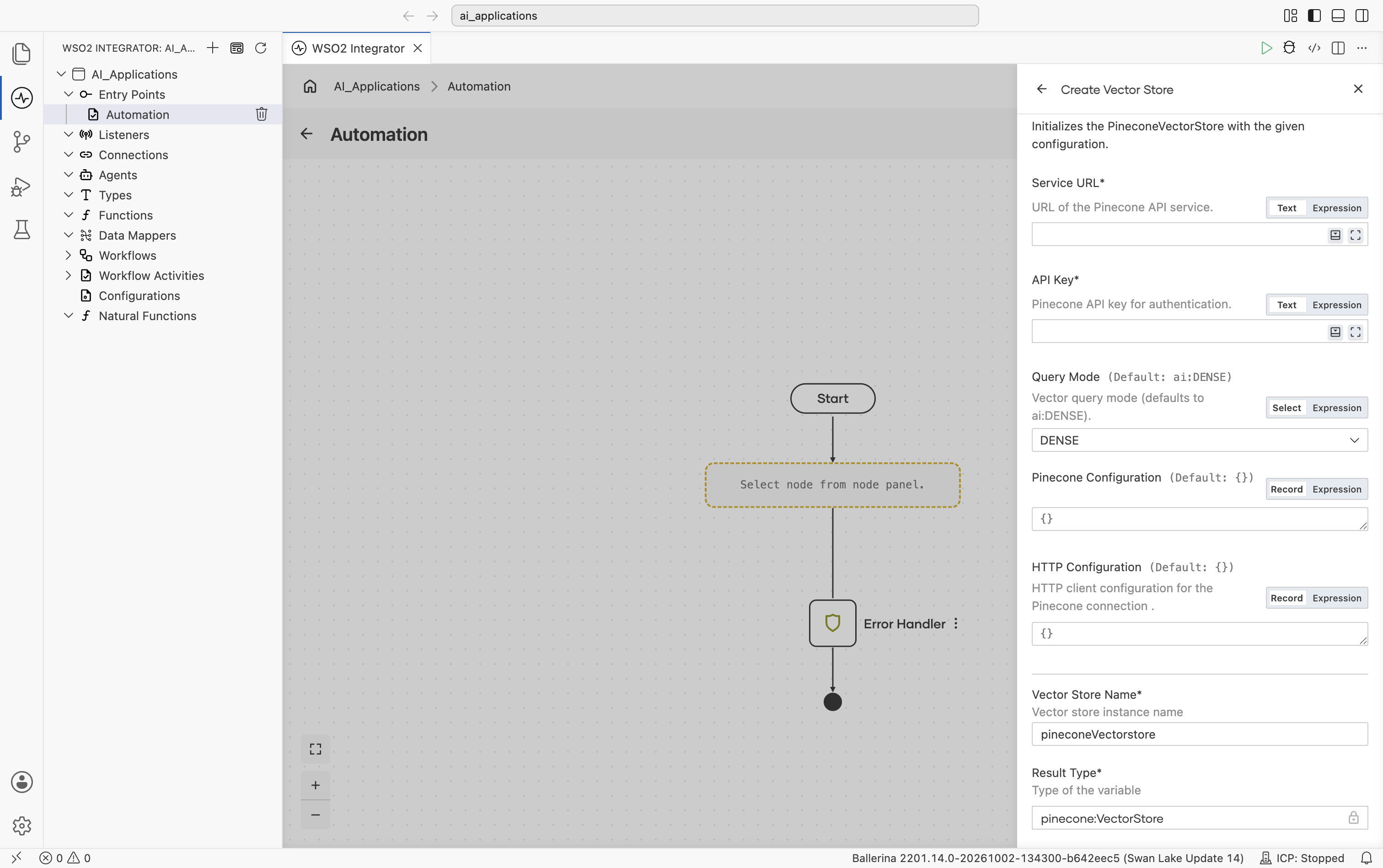 Create Vector Store form for Pinecone. Header reads 'Initializes the PineconeVectorStore with the given configuration.' Fields: Service URL, API Key, Query Mode (default DENSE), Pinecone Configuration (default {}), HTTP Configuration (default {}), Vector Store Name (default pineconeVectorstore), Result Type (locked to pinecone:VectorStore). Save button.