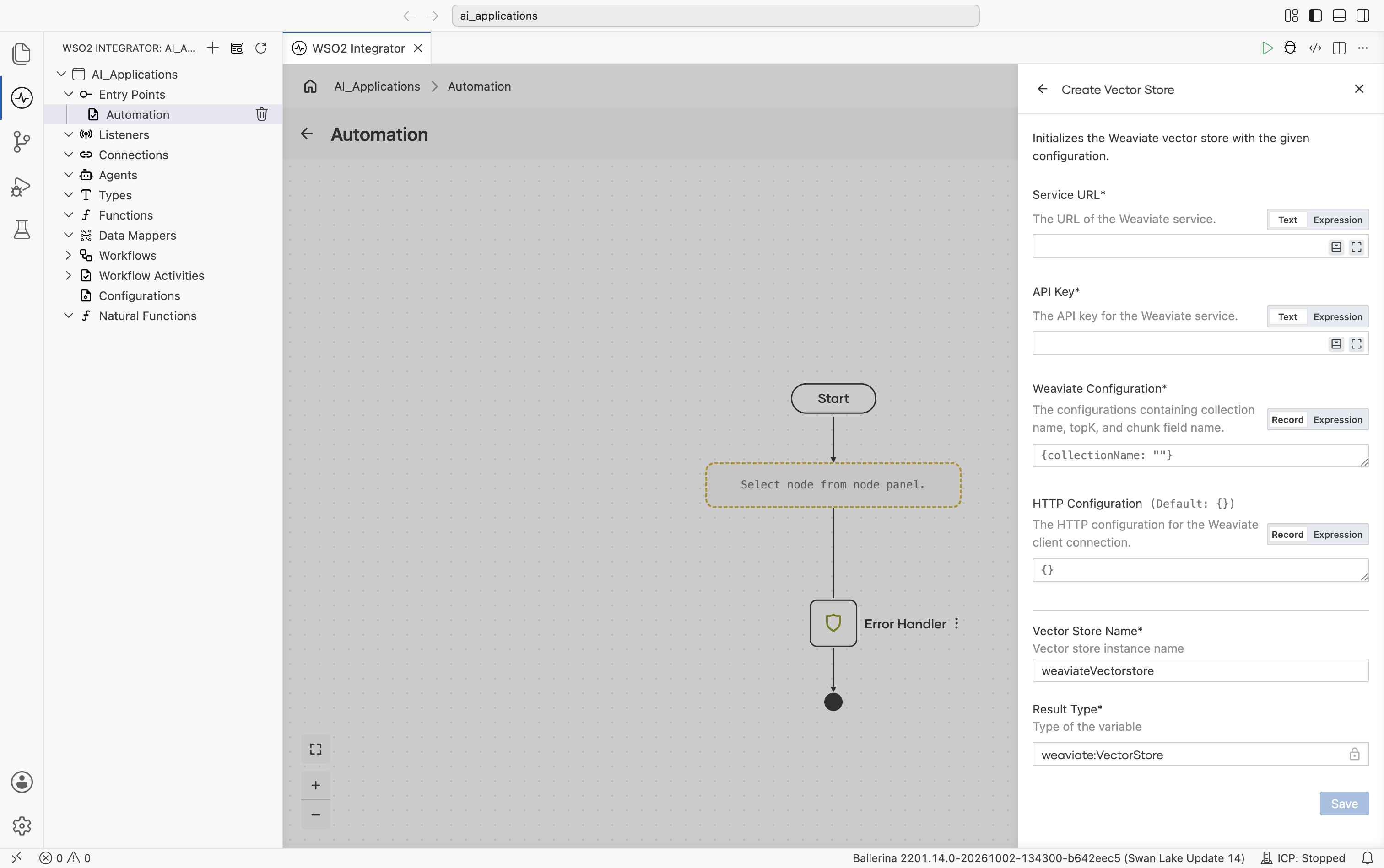 Create Vector Store form for Weaviate. Header reads 'Initializes the Weaviate vector store with the given configuration.' Fields: Service URL, API Key, Weaviate Configuration (record/expression toggle, default '{collectionName: ""}'), HTTP Configuration (default {}), Vector Store Name (default weaviateVectorstore), Result Type (locked to weaviate:VectorStore). Save button.