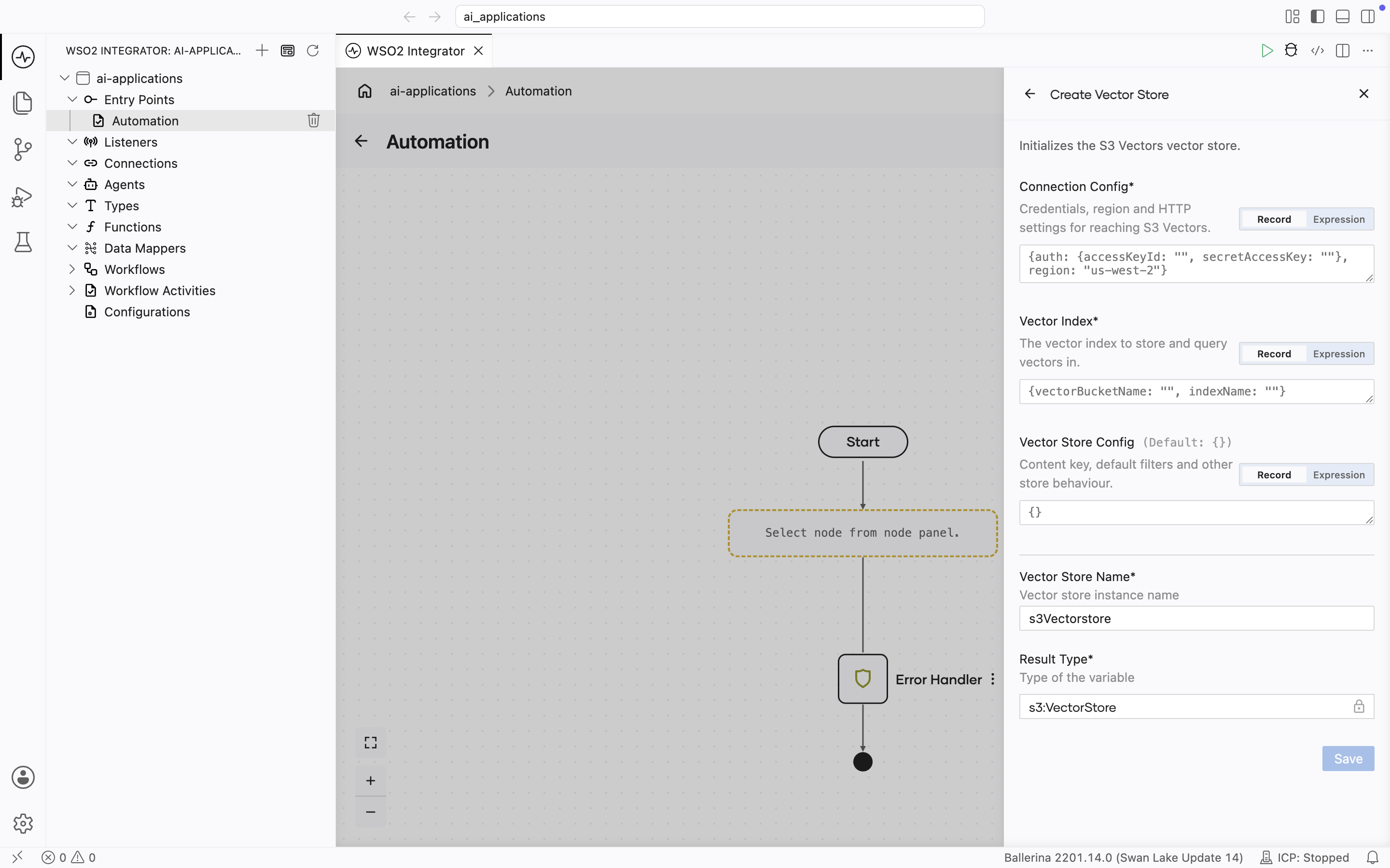 Create Vector Store form titled 'Initializes the S3 Vectors vector store.' showing Connection Config (required, Record/Expression toggle, prefilled with {auth: {accessKeyId: "", secretAccessKey: ""}, region: "us-west-2"}), Vector Index (required, Record/Expression toggle, prefilled with {vectorBucketName: "", indexName: ""}), Vector Store Config (Default: {}), Vector Store Name (default s3Vectorstore), and Result Type (locked to s3:VectorStore).