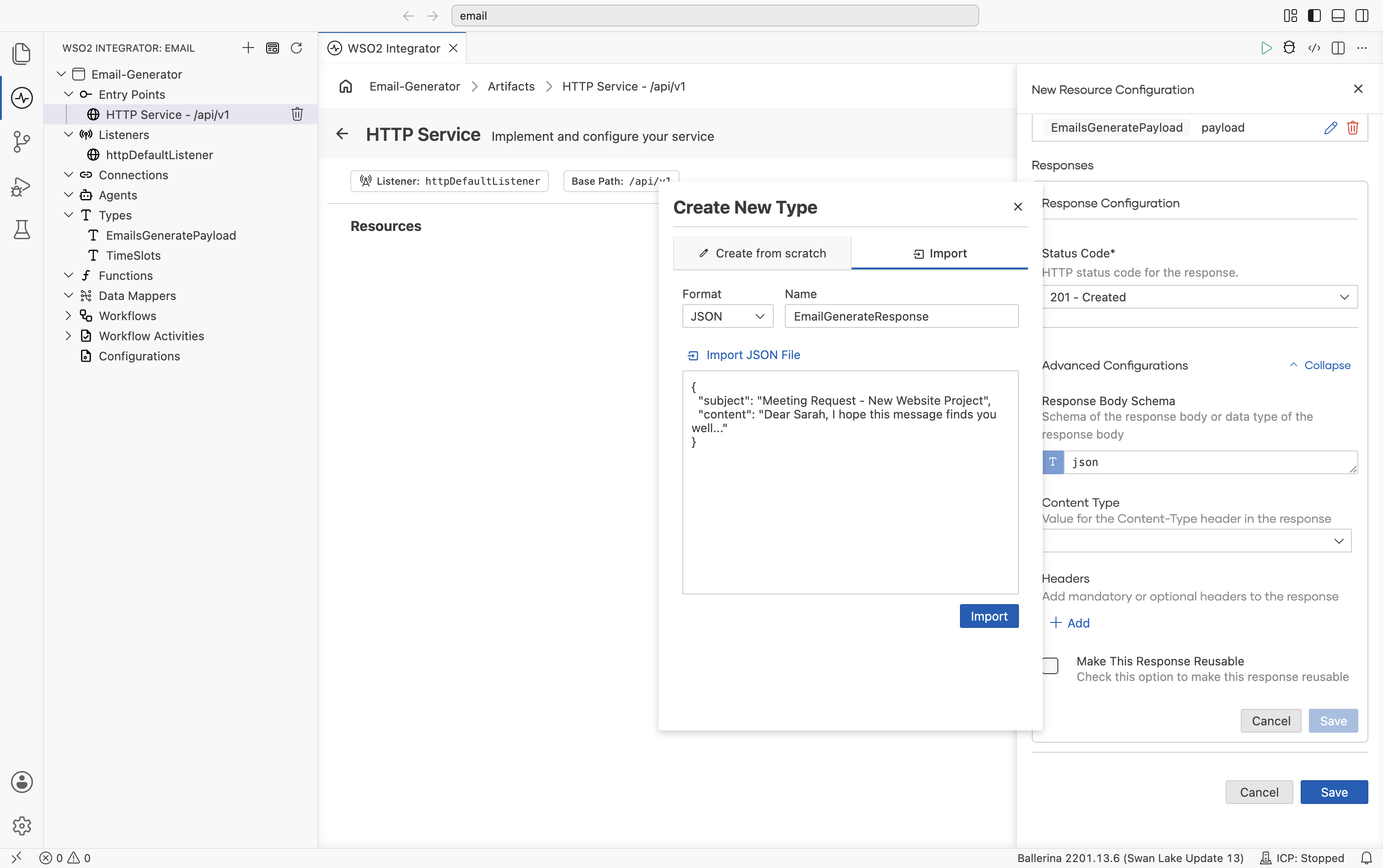 Create New Type dialog with EmailGenerateResponse and sample JSON, alongside the response configuration's advanced options.