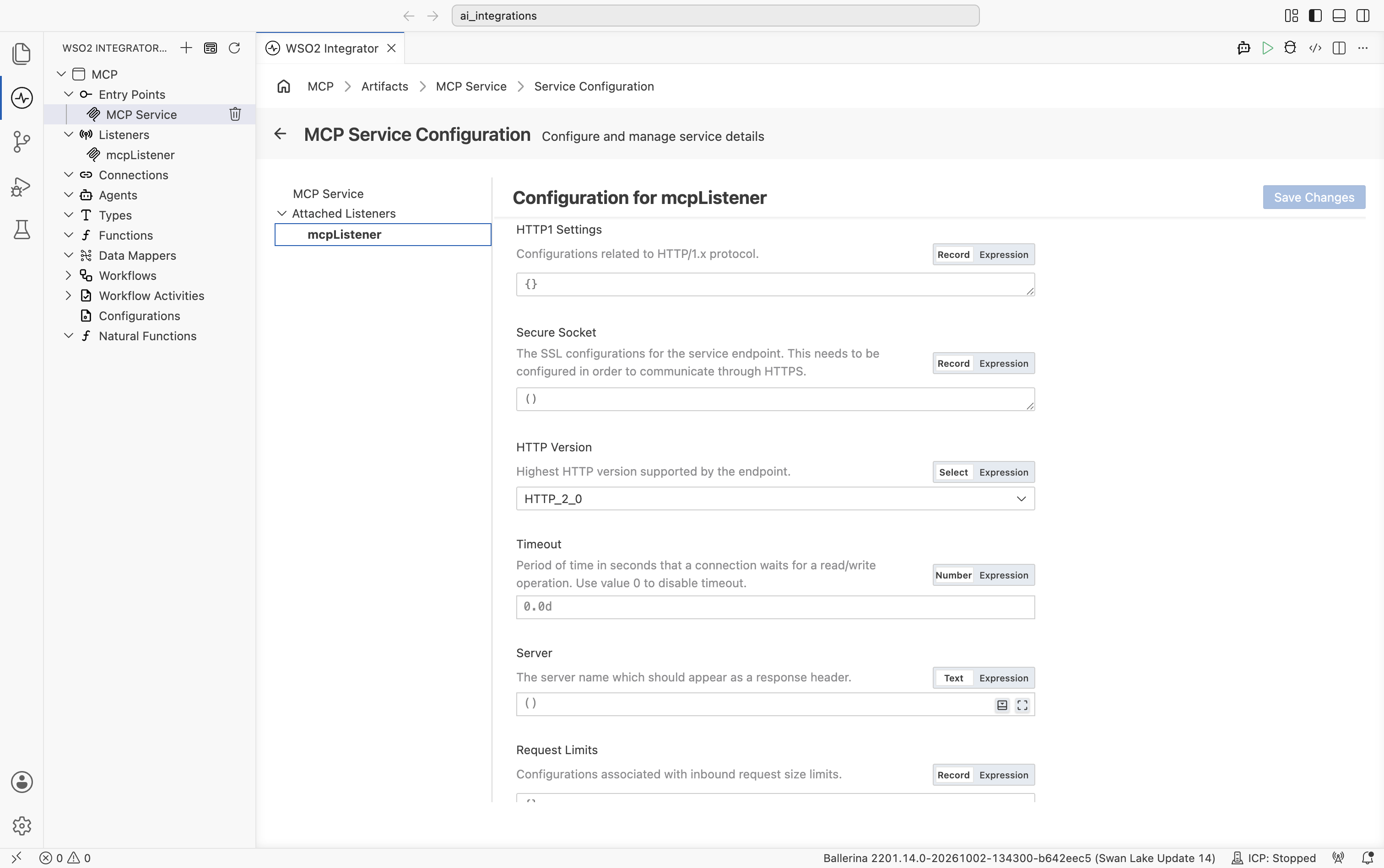Configuration for mcpListener showing Name, Listen To (8080), Host, HTTP1 Settings, Secure Socket, HTTP Version, and Timeout fields.