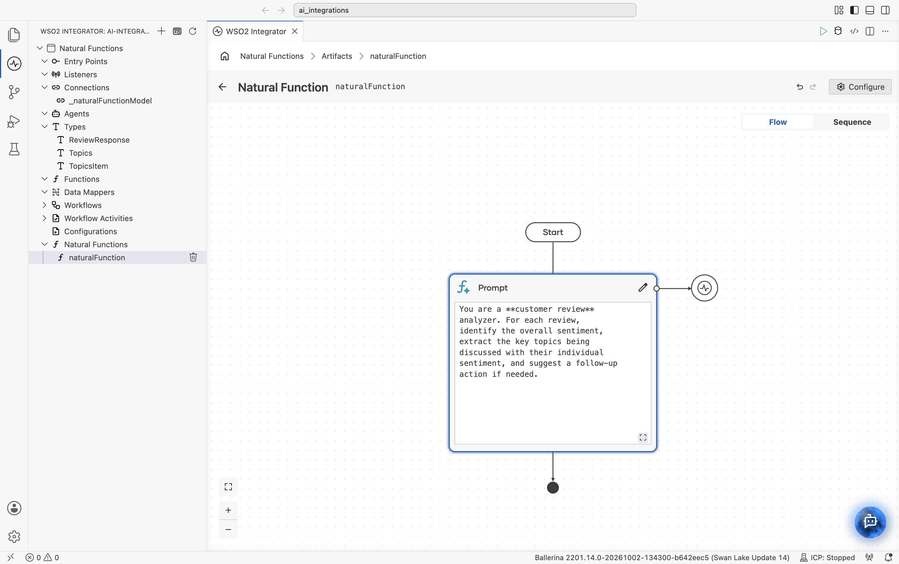 Overview of a natural function in the Flow Designer showing the Prompt node with a saved prompt body.