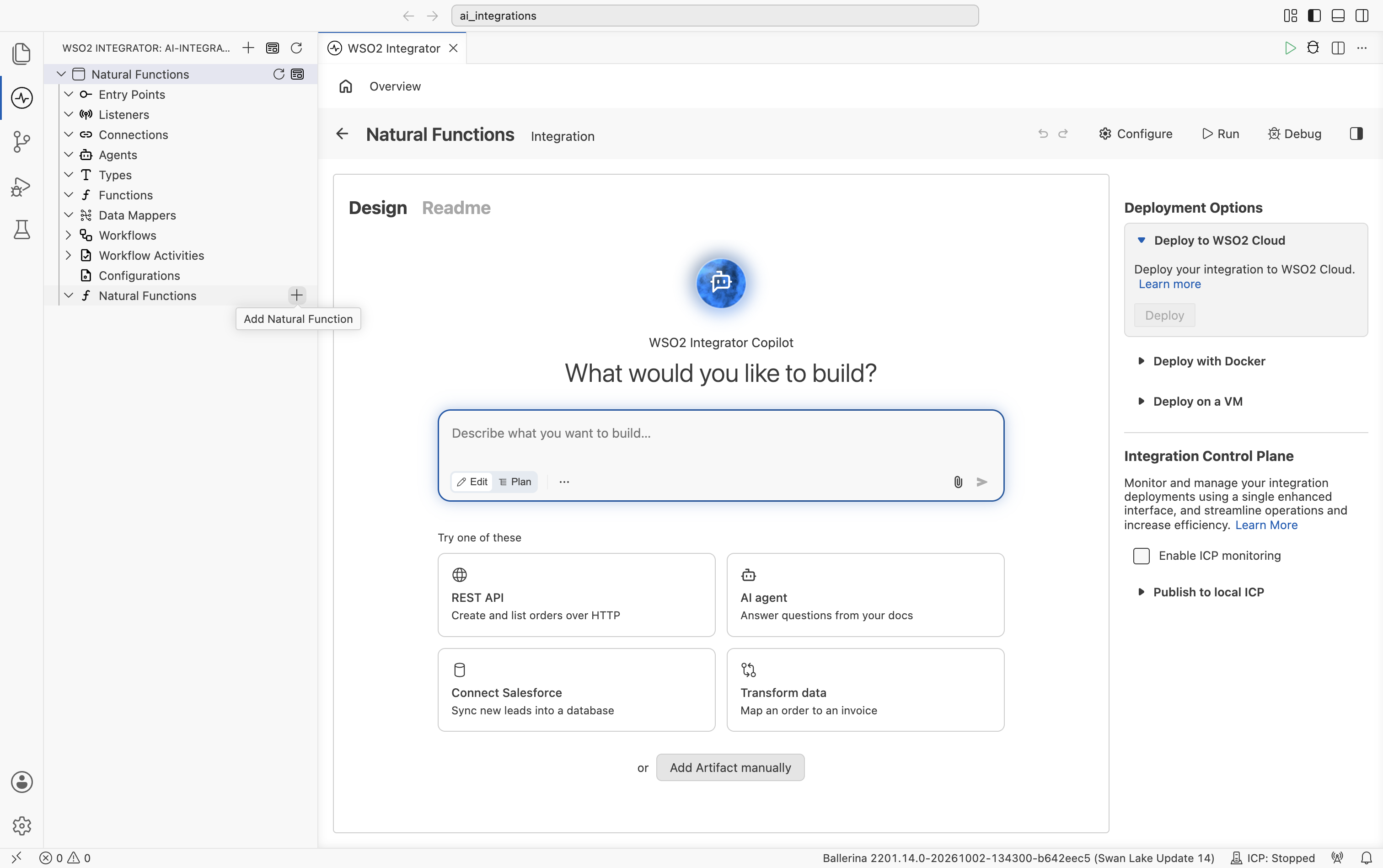 Project sidebar showing the Natural Functions section with the + button to add a new natural function.