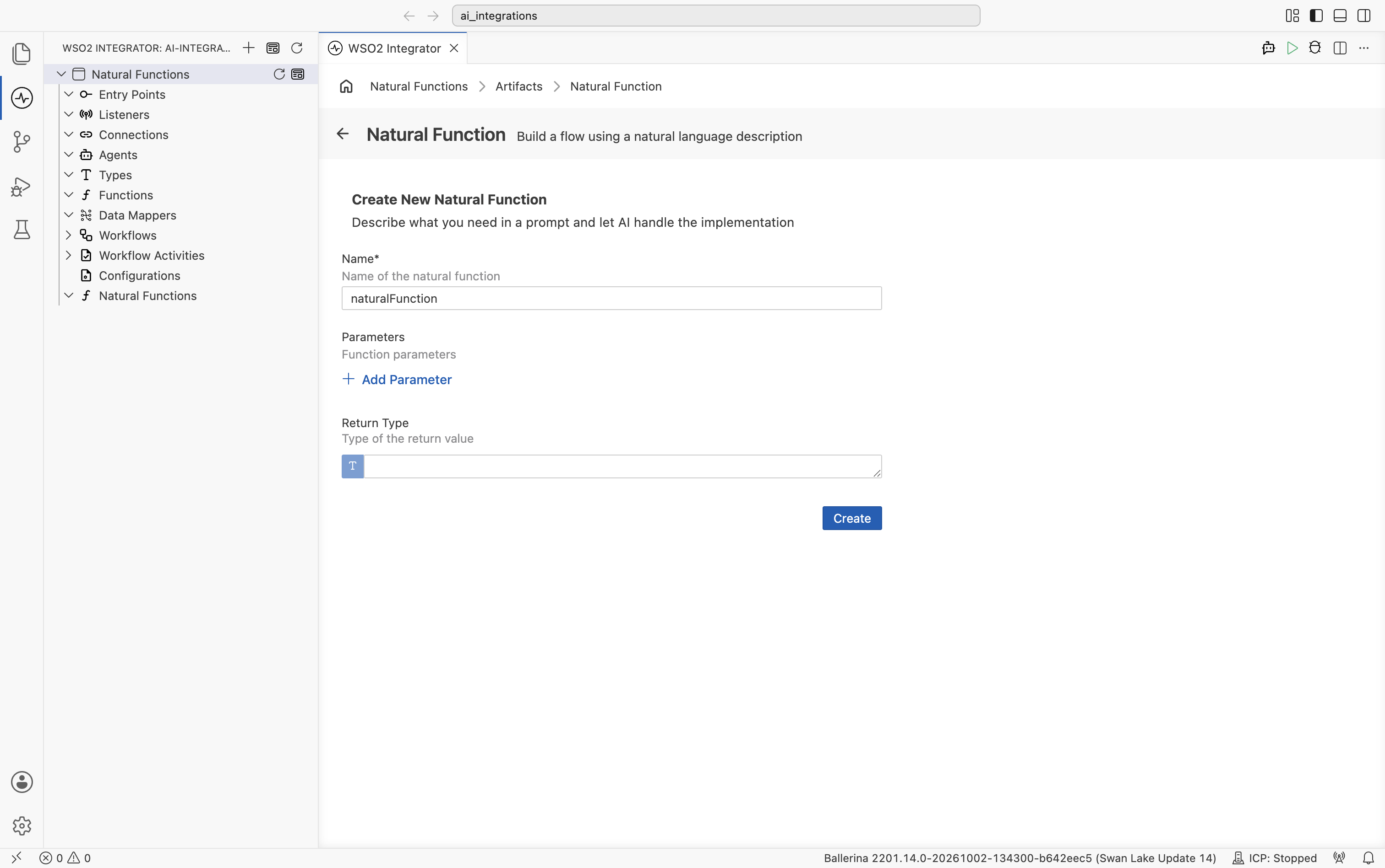 Create New Natural Function form with Name, Parameters, Return Type fields and a Create button.