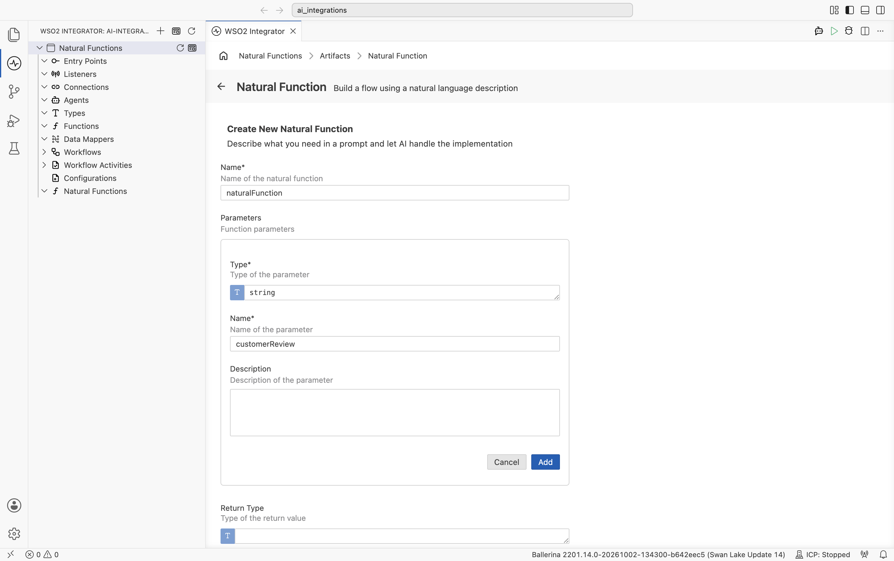 Add Parameter dialog with Type, Name, and Description fields.