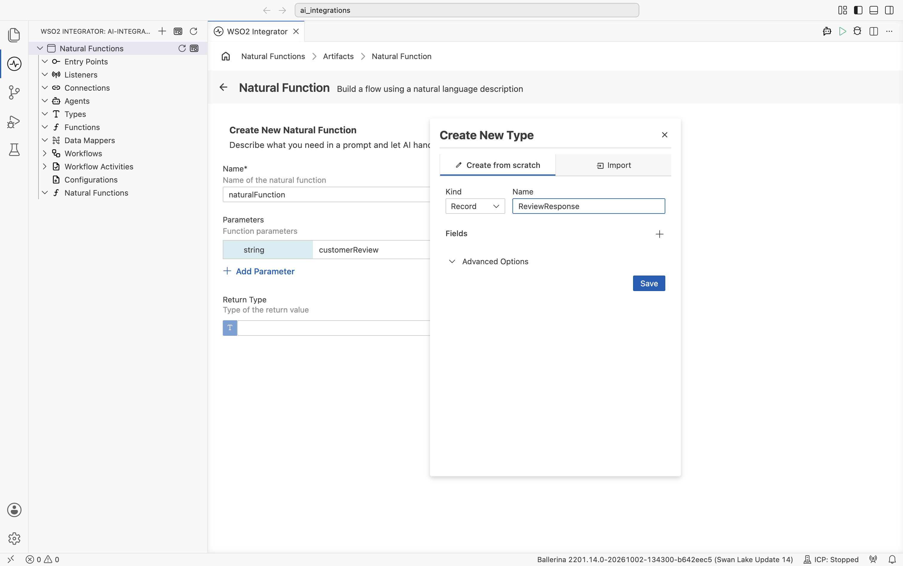 Create New Type dialog on the Create from scratch tab with Kind set to Record and a Fields section.