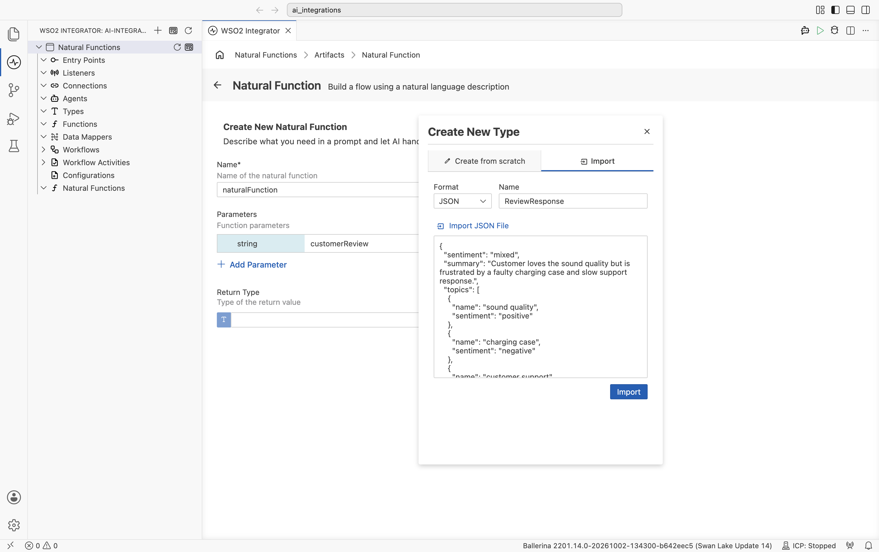 Create New Type dialog on the Import tab with a JSON sample pasted into the textarea.