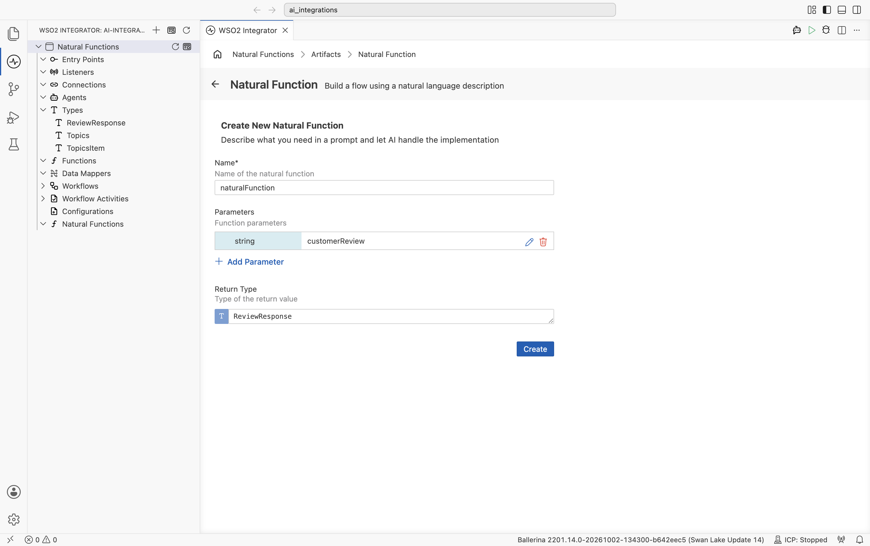 Create New Natural Function form filled in with name, parameter, and return type, with the Create button enabled.