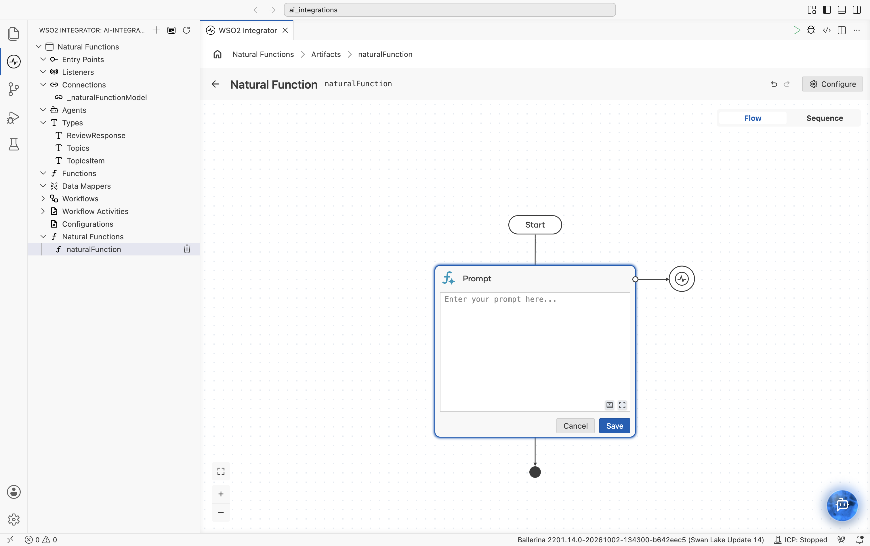Prompt editor open inline on the Prompt node, empty and ready to write the prompt body.