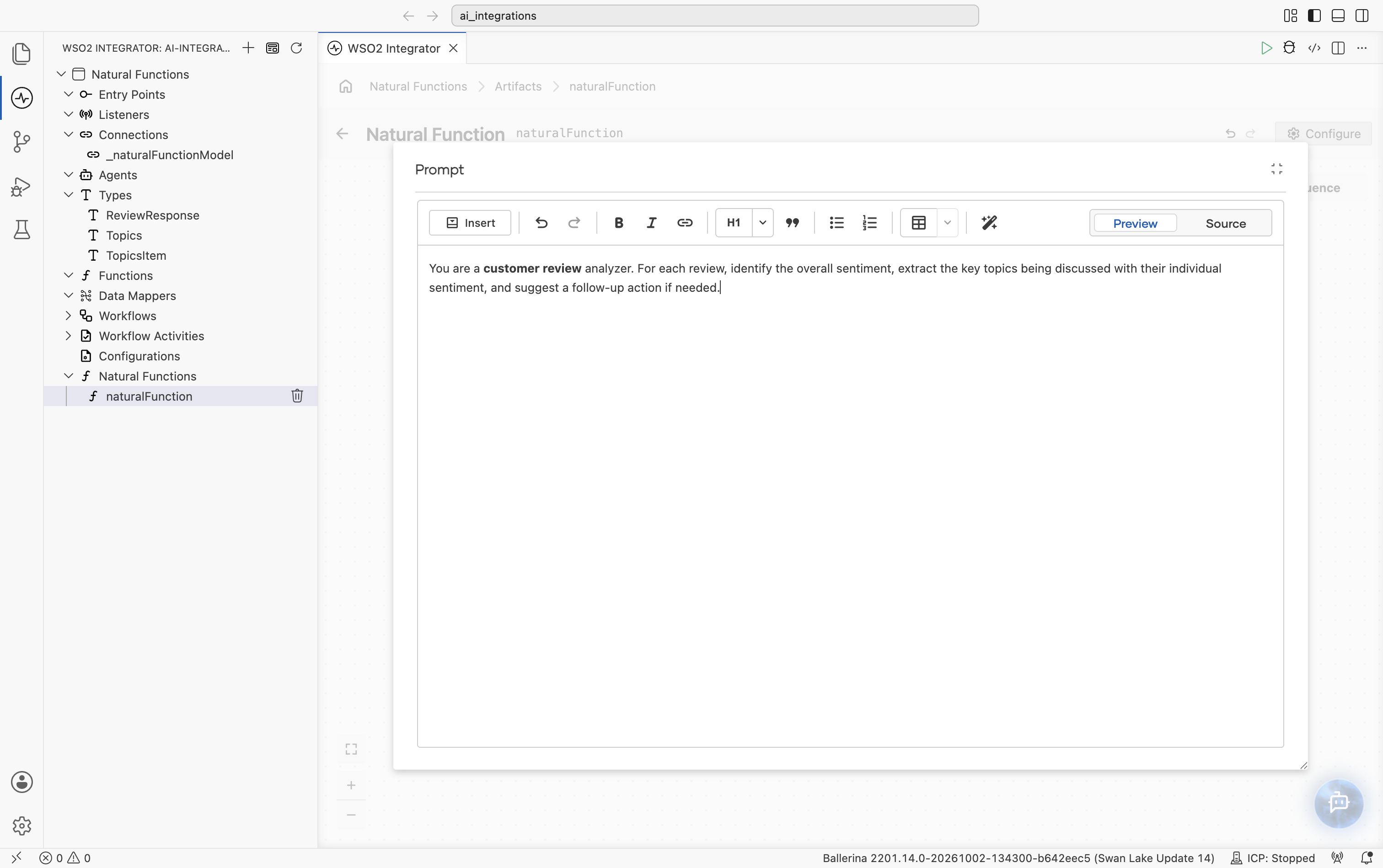 Expanded Prompt editor with the full Markdown toolbar (Insert, Undo/Redo, Bold, Italic, Link, Heading, blockquote, lists, table, Preview/Source) and the prompt body typed in.