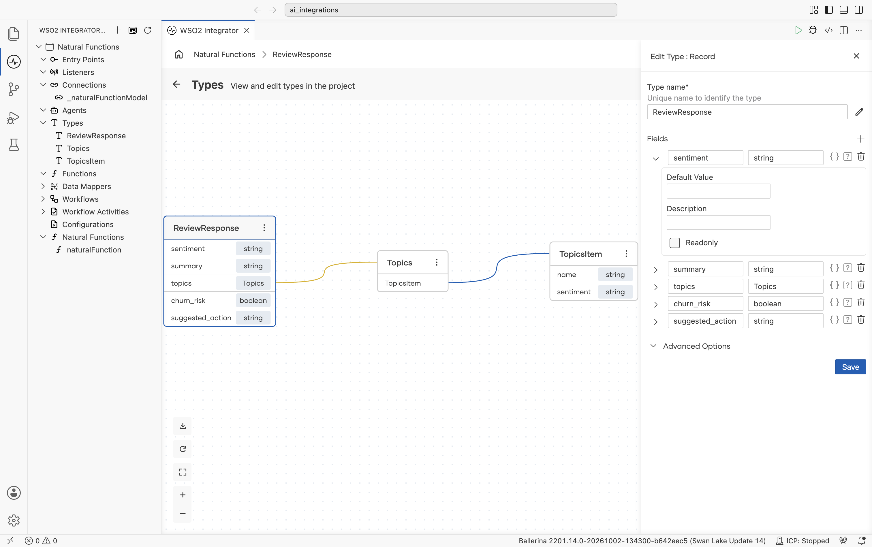 Types diagram showing ReviewResponse linked to its nested Topics array and TopicsItem row record, with the Edit Type panel open on the right showing the sentiment field's Default Value and Description inputs.