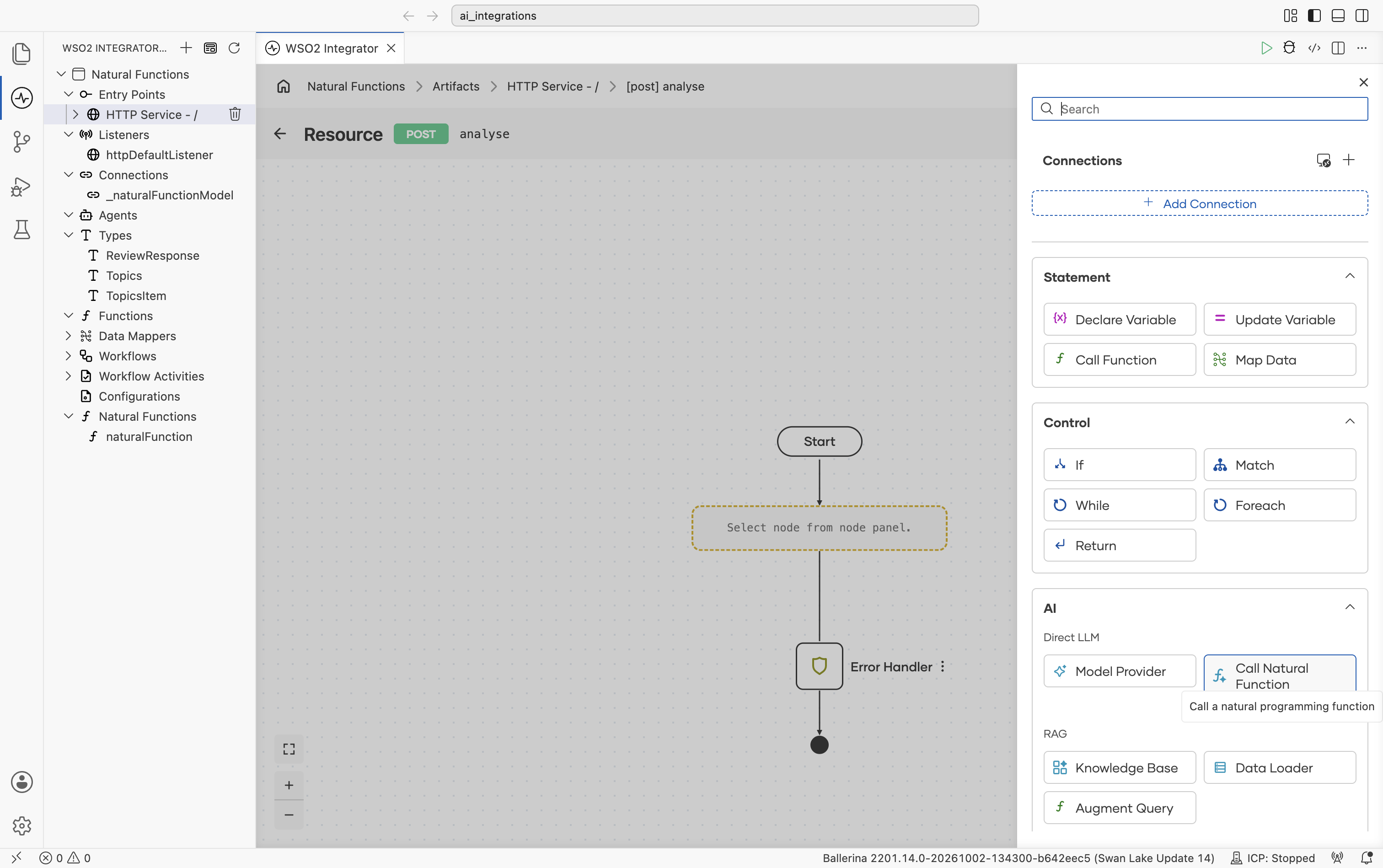 Add Node panel with the AI category showing the Call Natural Function option highlighted, and its tooltip reading Call a natural programming function.