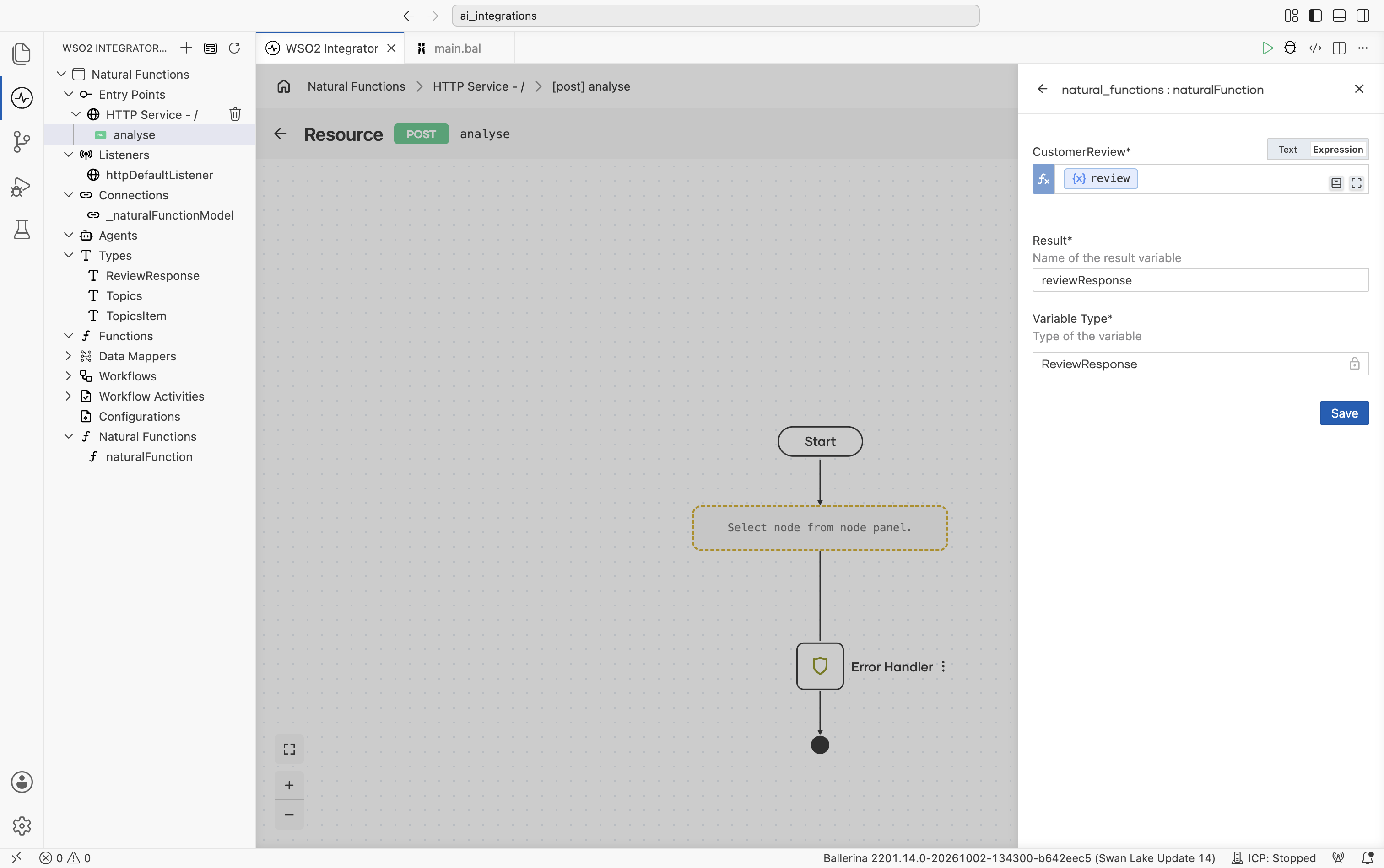 Call Natural Function configuration form showing CustomerReview bound to the expression {review}, Result set to reviewResponse, Variable Type locked to ReviewResponse, and the Save button.