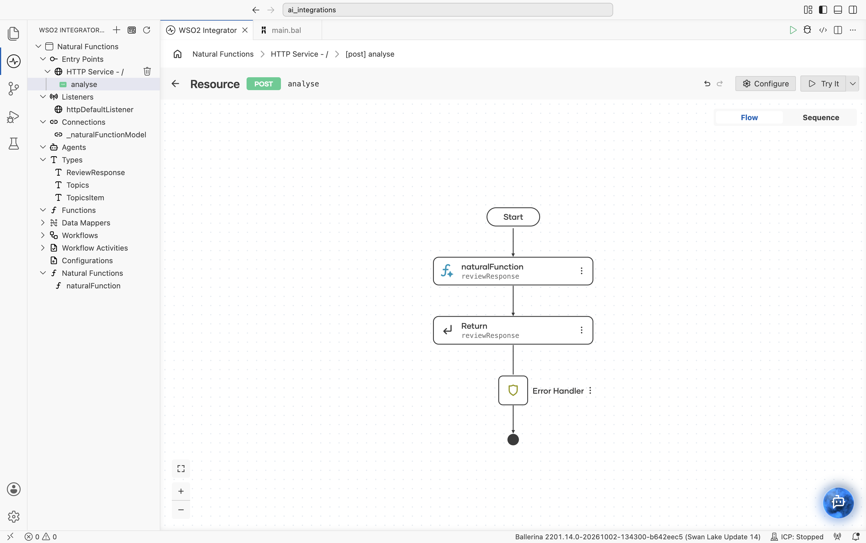 Final resource flow showing the naturalFunction call node (binding to reviewResponse) connected between Start and a Return node that returns reviewResponse.