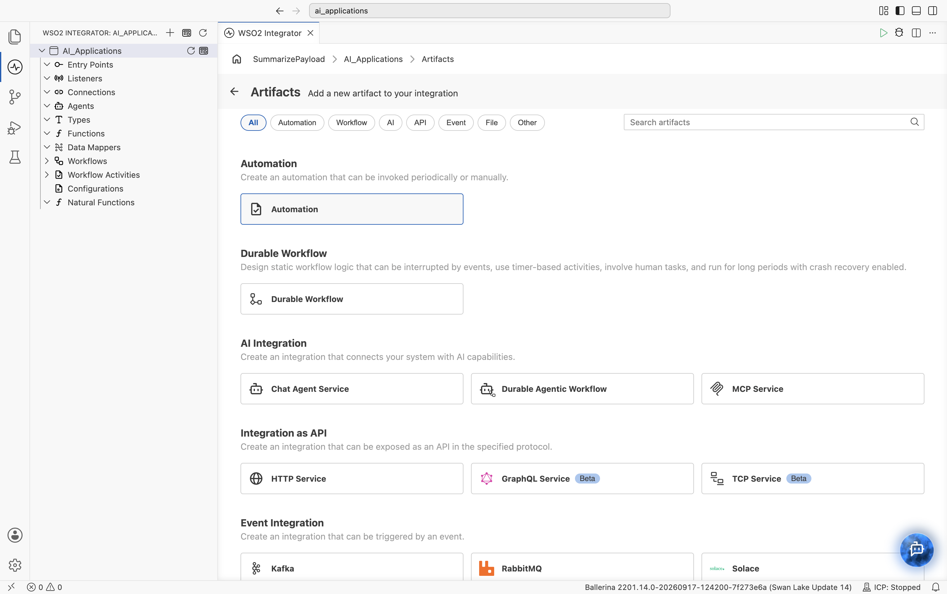 Artifacts page with Automation selected, showing the artifact-type filter tabs (All, Automation, Workflow, AI, API, Event, File, Other).
