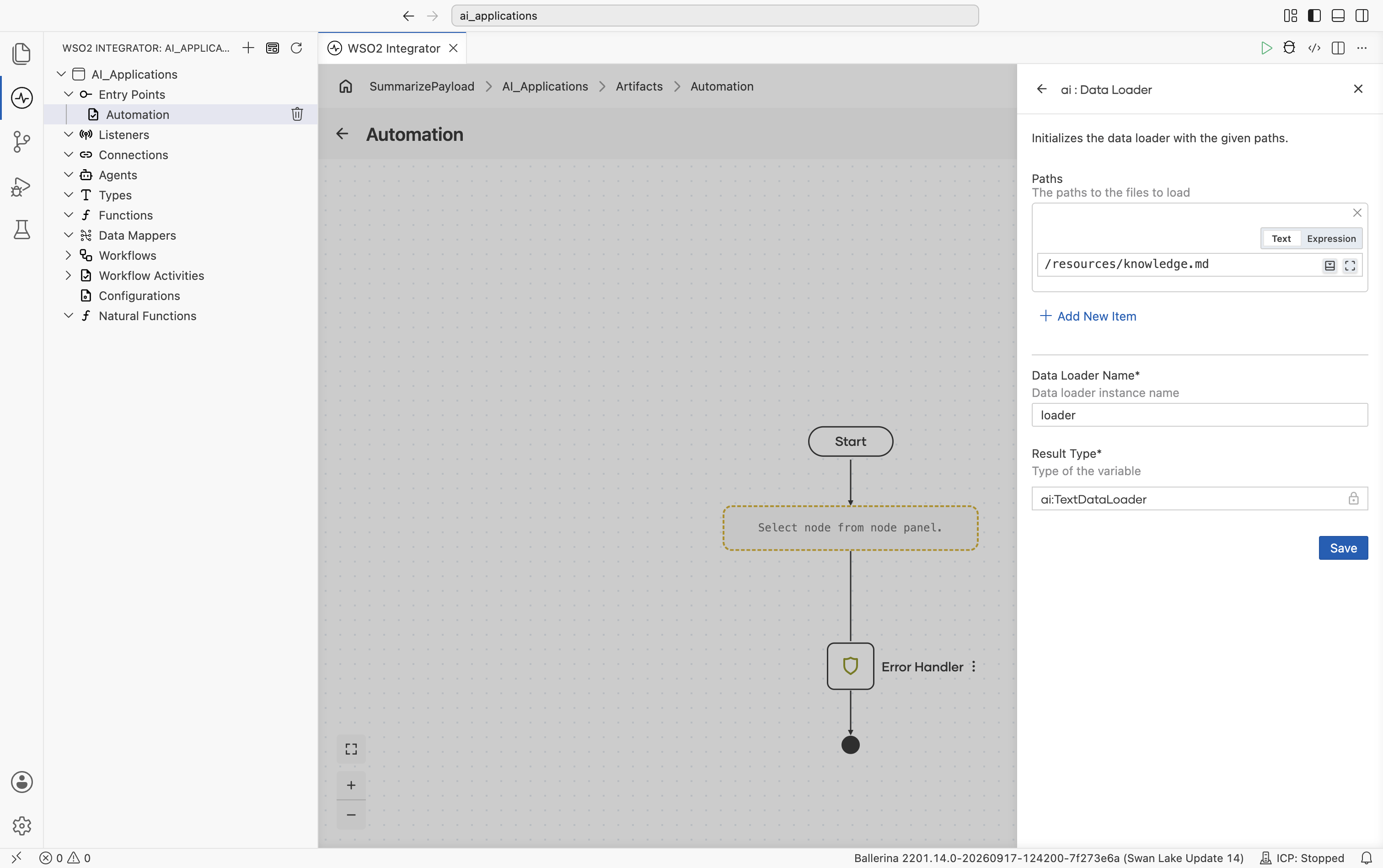 Text Data Loader configuration form with Paths set to a relative file path, Data Loader Name set to loader, and Result Type ai:TextDataLoader.